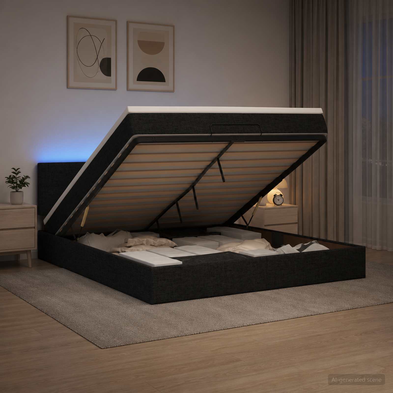 Κρεβάτι Ottoman με Στρώμα και LED Μαύρο 140 x 190 cm Ύφασμα - Pakobazaar