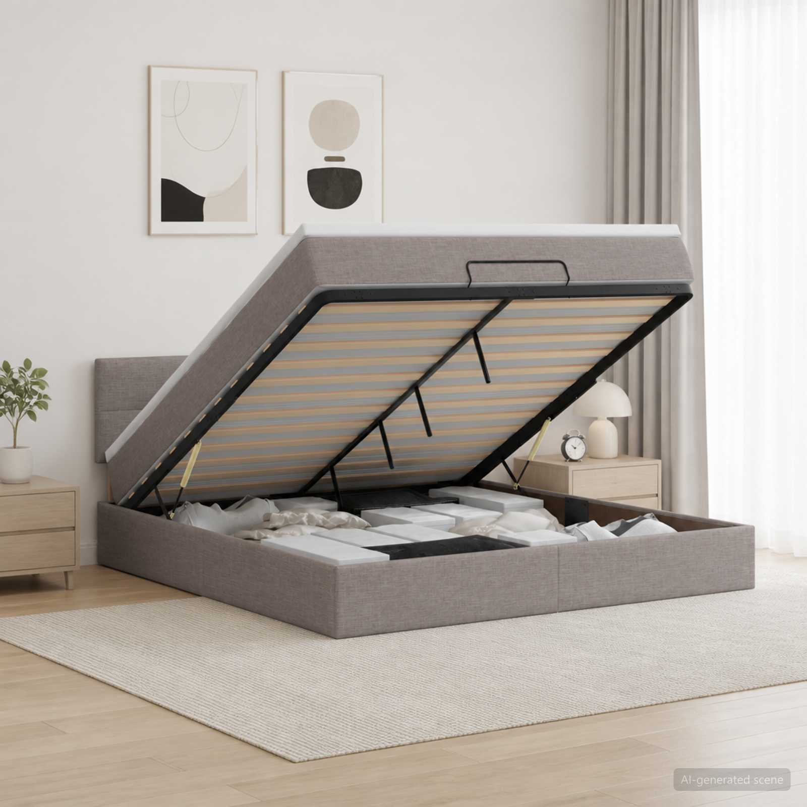 Κρεβάτι Ottoman με Στρώμα και LED Taupe 160 x 200 cm Ύφασμα - Pakobazaar