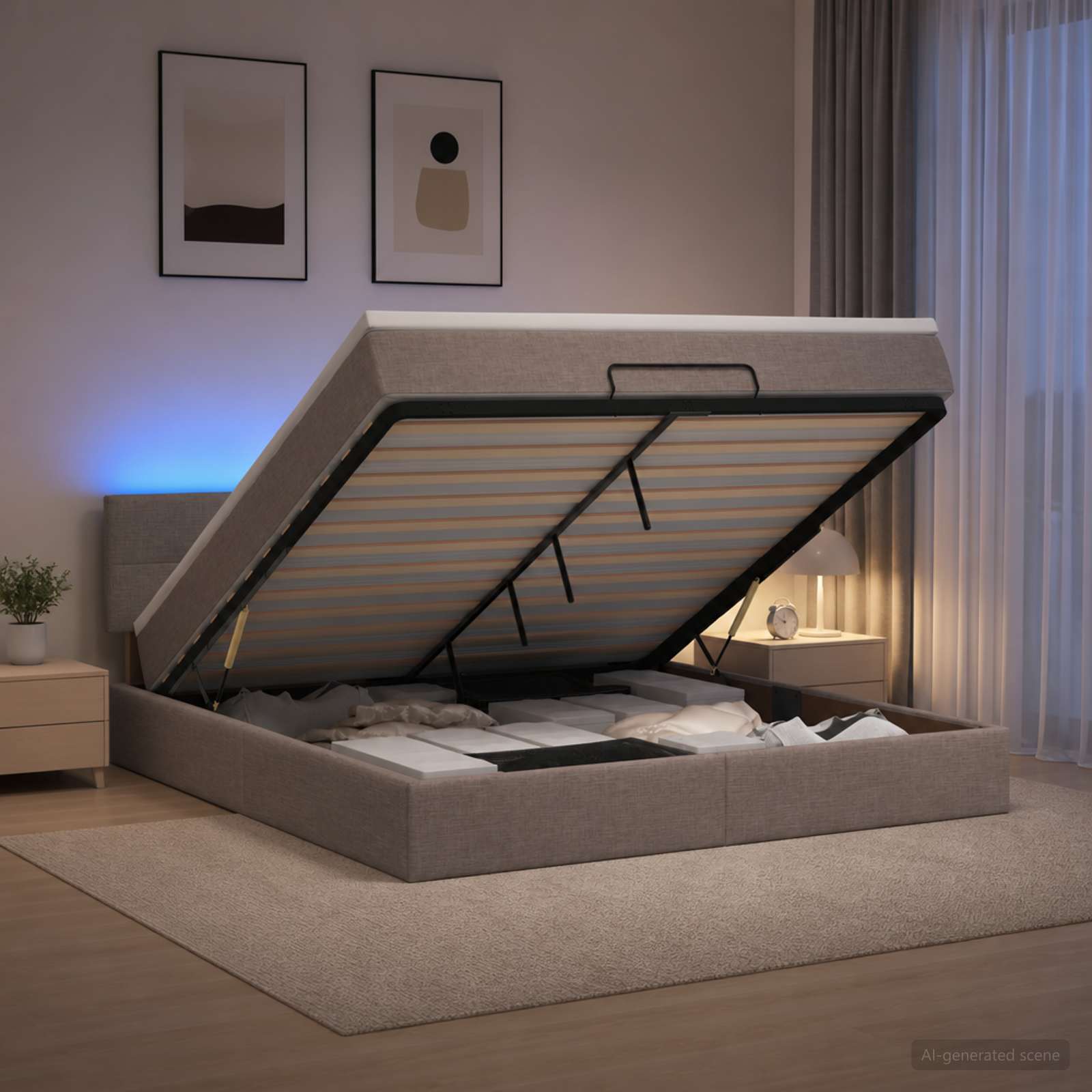 Κρεβάτι Ottoman με Στρώμα και LED Taupe 160 x 200 cm Ύφασμα - Pakobazaar