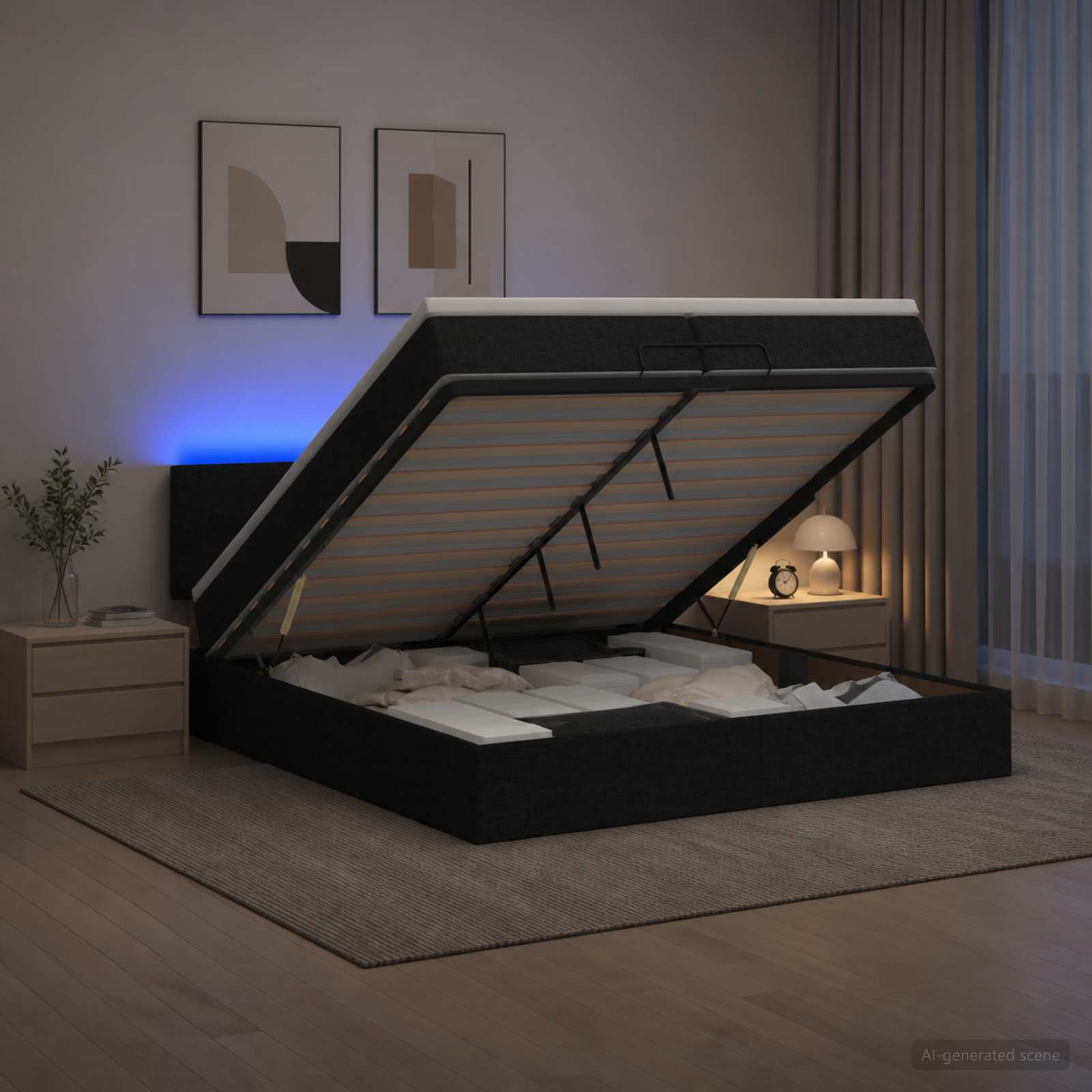 Κρεβάτι Ottoman με Στρώμα και LED Μαύρο 200 x 200 cm Ύφασμα - Pakobazaar