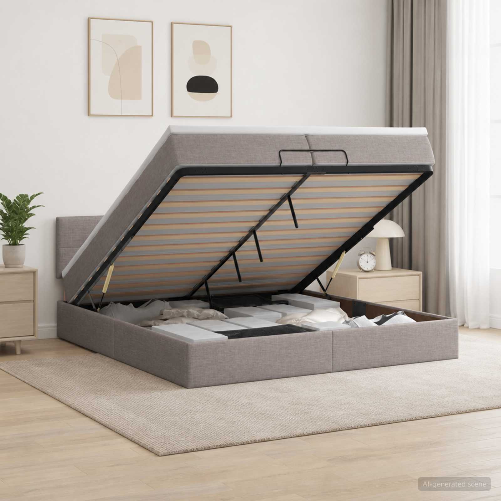Κρεβάτι Ottoman με Στρώμα και LED Taupe 200 x 200 cm Ύφασμα
