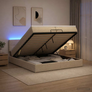 Κρεβάτι Ottoman με Στρώμα και LED Κρεμ 200 x 200 cm Ύφασμα - Pakobazaar
