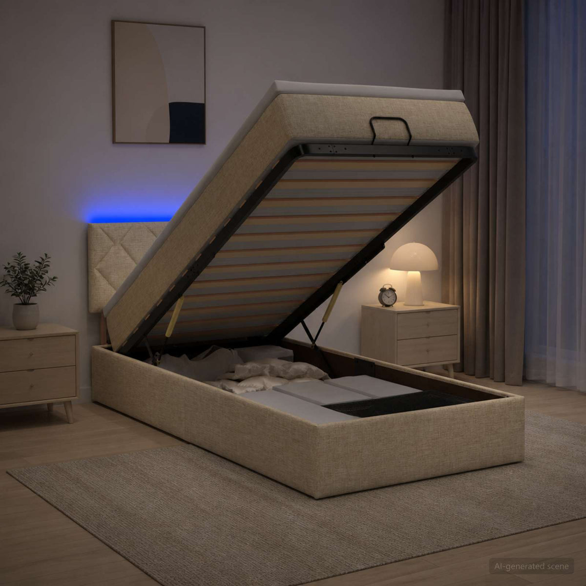 Κρεβάτι Ottoman με Στρώμα και LED Κρεμ 90 x 190 cm Ύφασμα