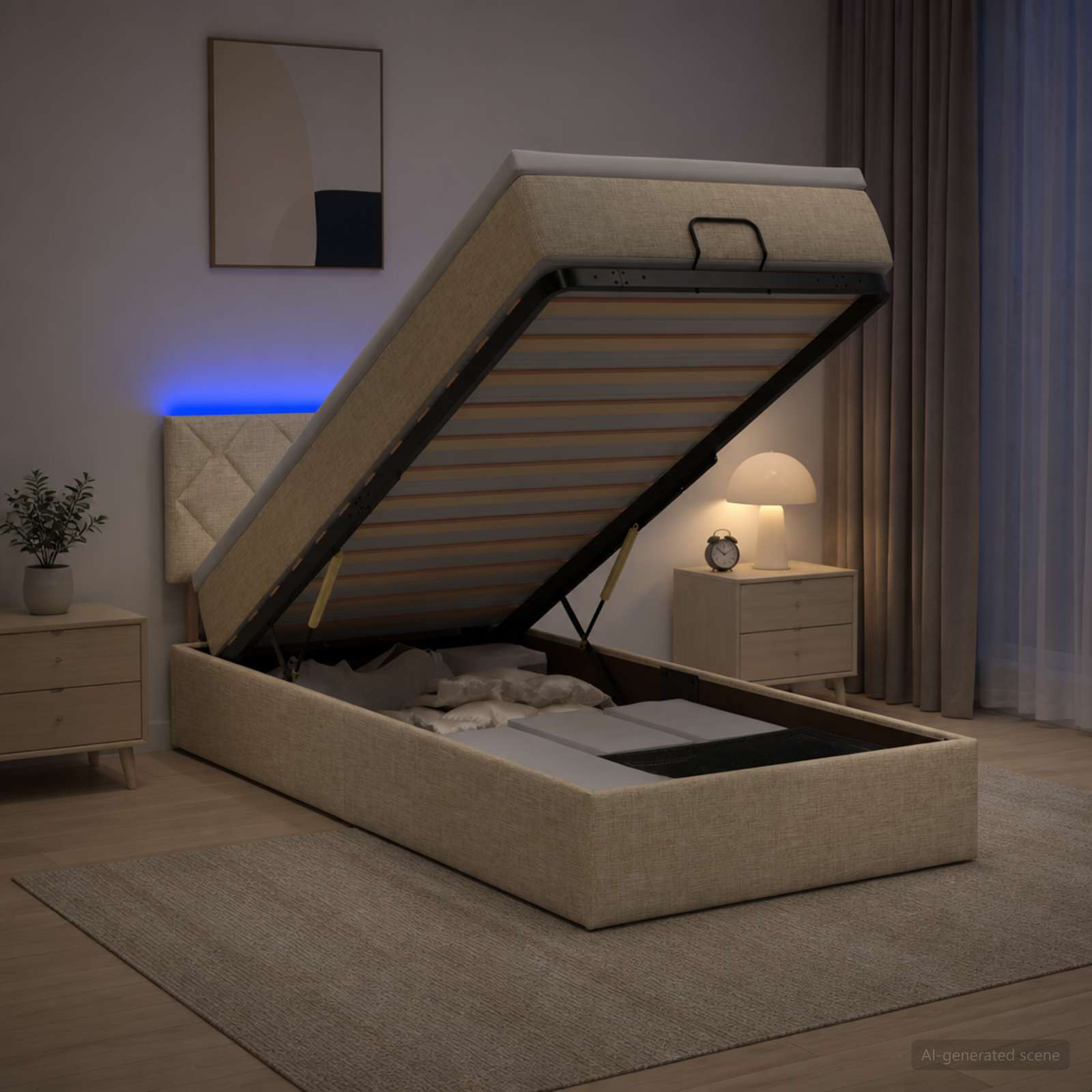 Κρεβάτι Ottoman με Στρώμα και LED Κρεμ 90 x 190 cm Ύφασμα