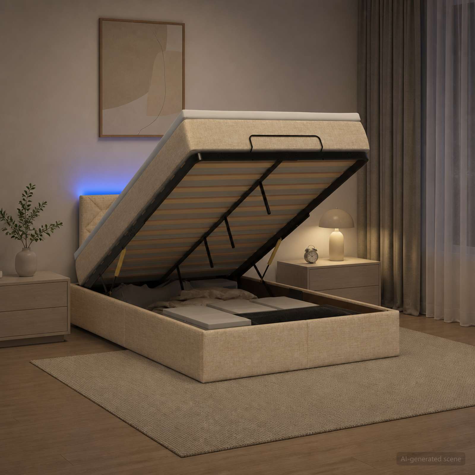 Κρεβάτι Ottoman με Στρώμα και LED Κρεμ 120 x 190 cm Ύφασμα