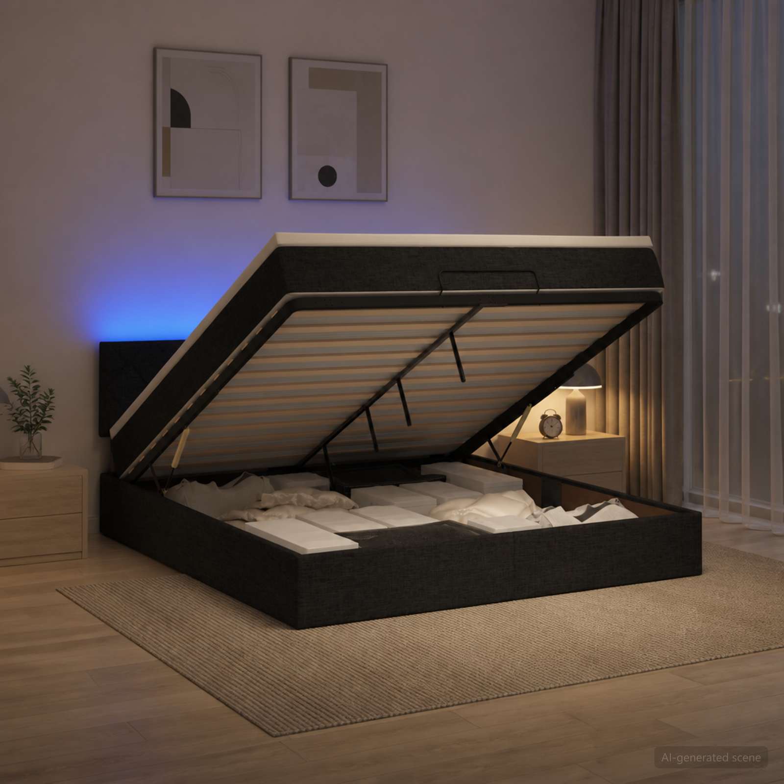 Κρεβάτι Ottoman με Στρώμα και LED Μαύρο 140 x 200 cm Ύφασμα