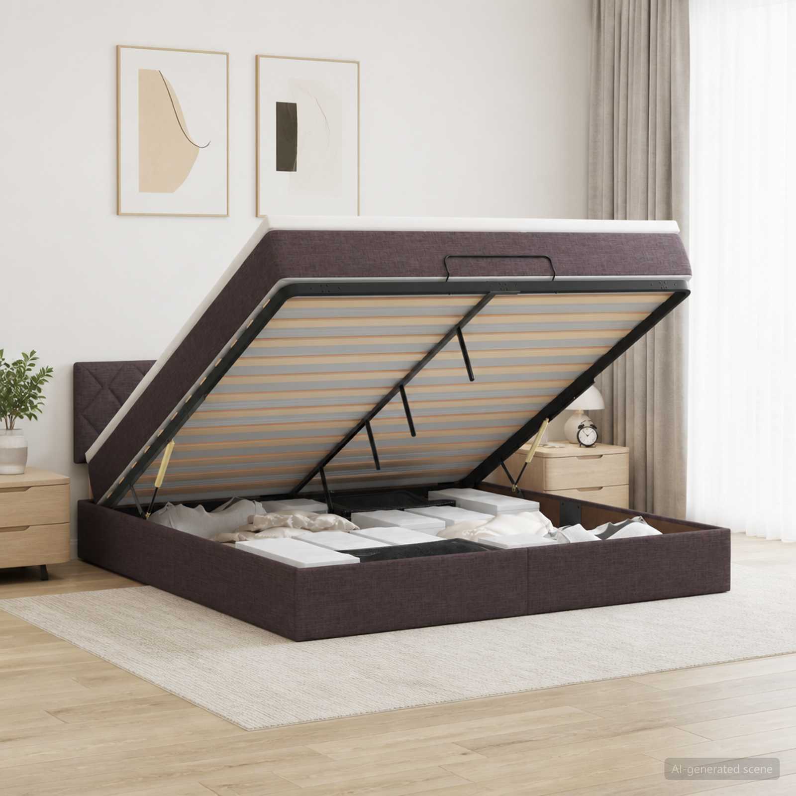Κρεβάτι Ottoman με Στρώμα και LED Σκούρο Καφέ 140 x 200 cm