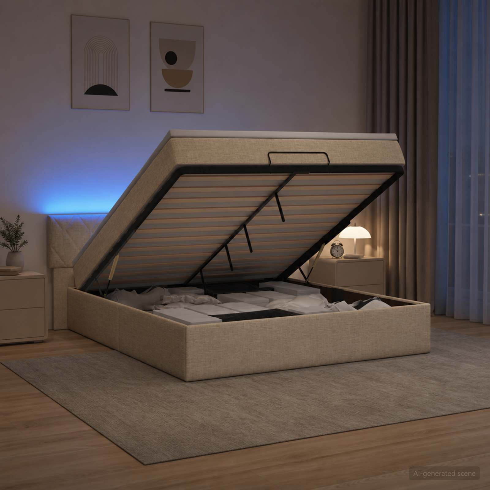 Κρεβάτι Ottoman με Στρώμα και LED Κρεμ 180 x 200 cm Ύφασμα - Pakobazaar