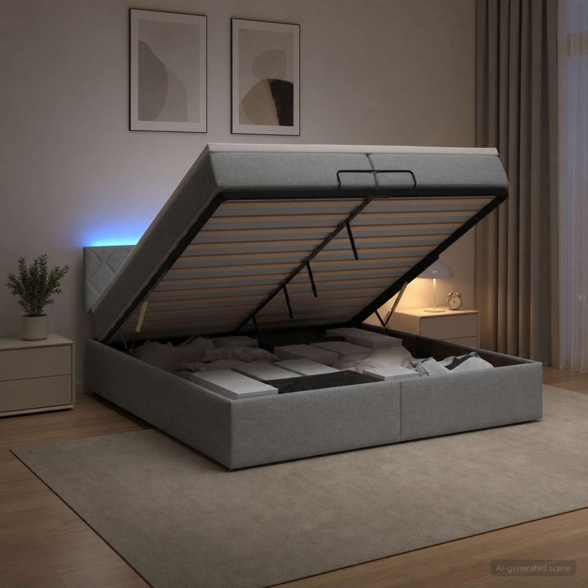 Κρεβάτι Ottoman με Στρώμα και LED Ανοιχτό γκρι 200 x 200 cm