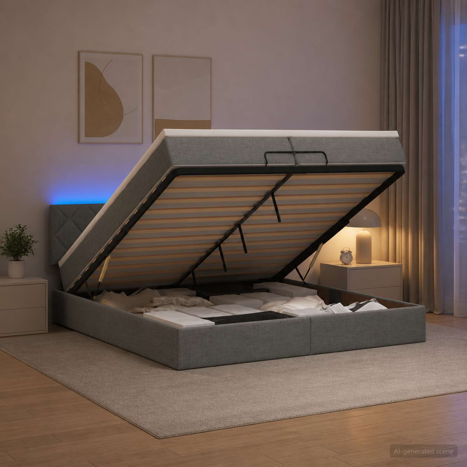 Κρεβάτι Ottoman με Στρώμα και LED Σκούρο Γκρι 200 x 200 cm - Pakobazaar