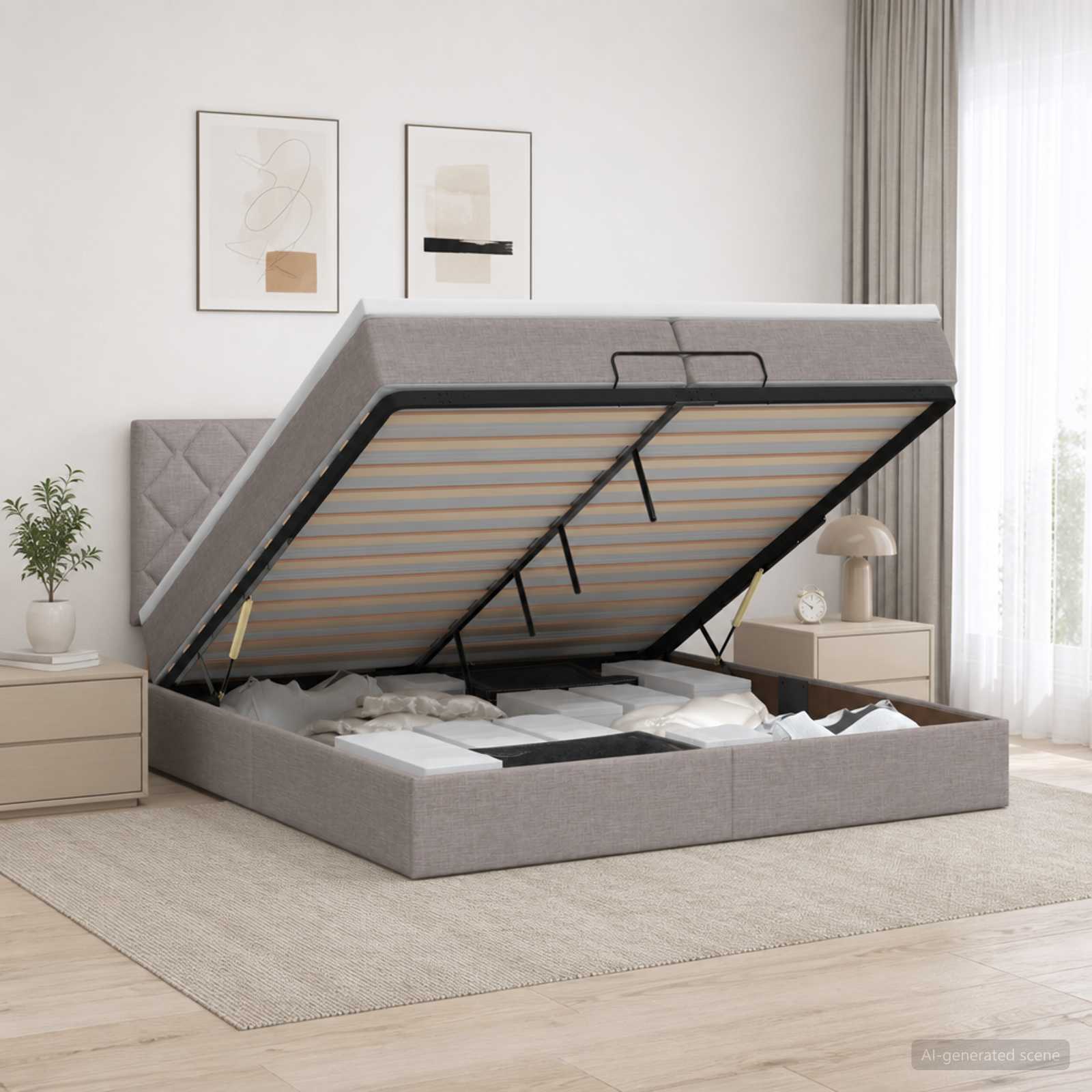 Κρεβάτι Ottoman με Στρώμα και LED Taupe 200 x 200 cm Ύφασμα - Pakobazaar
