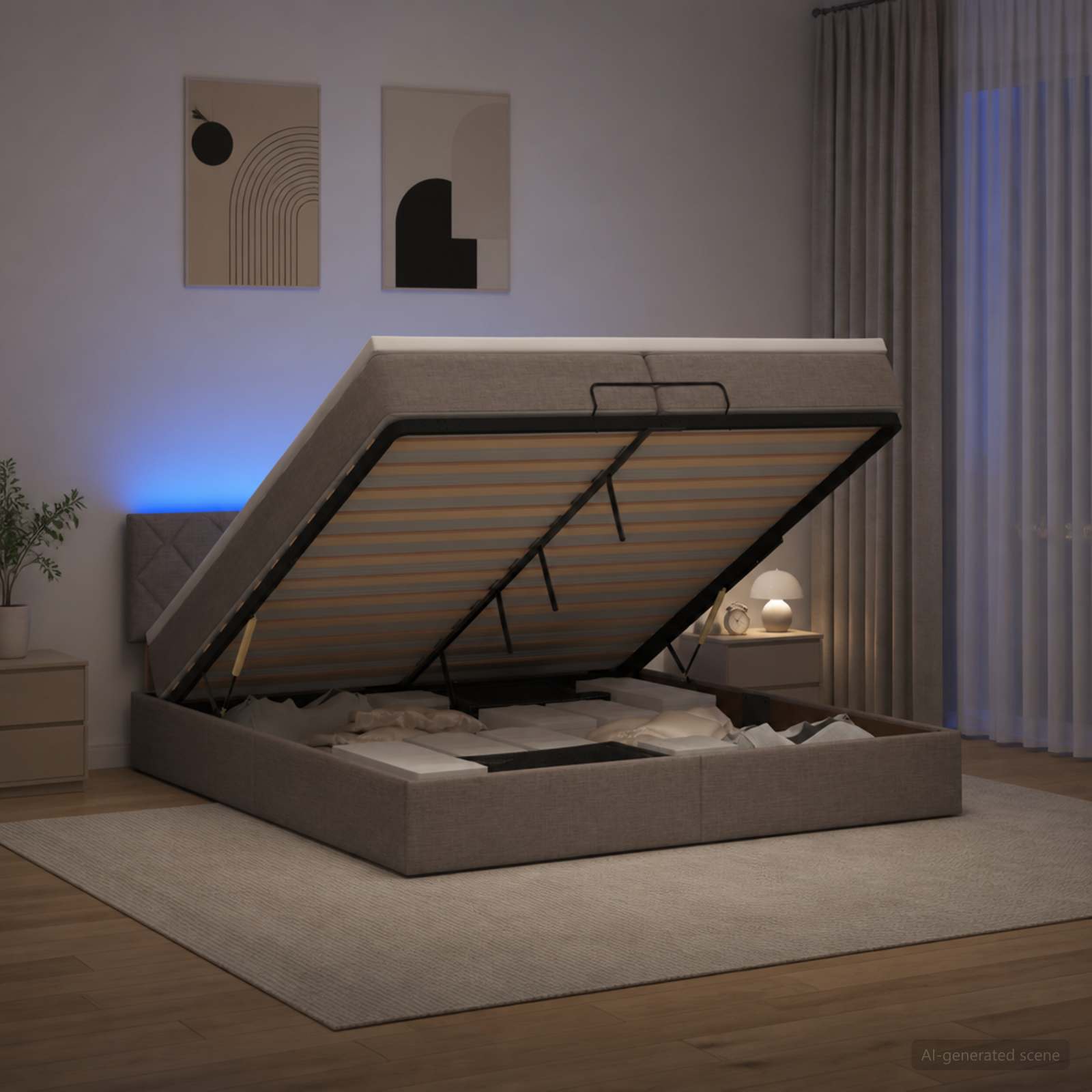 Κρεβάτι Ottoman με Στρώμα και LED Taupe 200 x 200 cm Ύφασμα - Pakobazaar