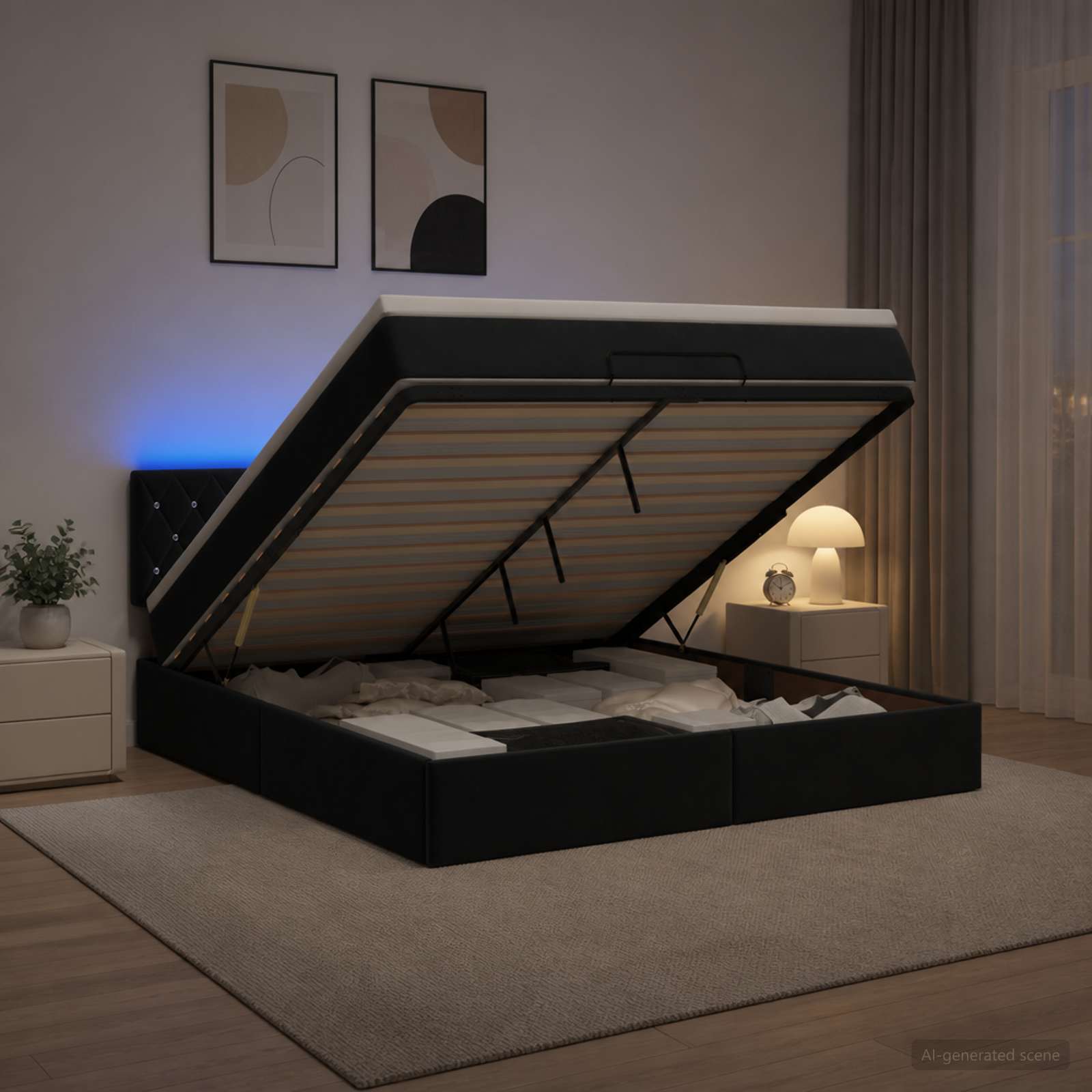 Κρεβάτι Ottoman με Στρώμα και LED Μαύρο 140 x 200 cm Βελούδο - Pakobazaar