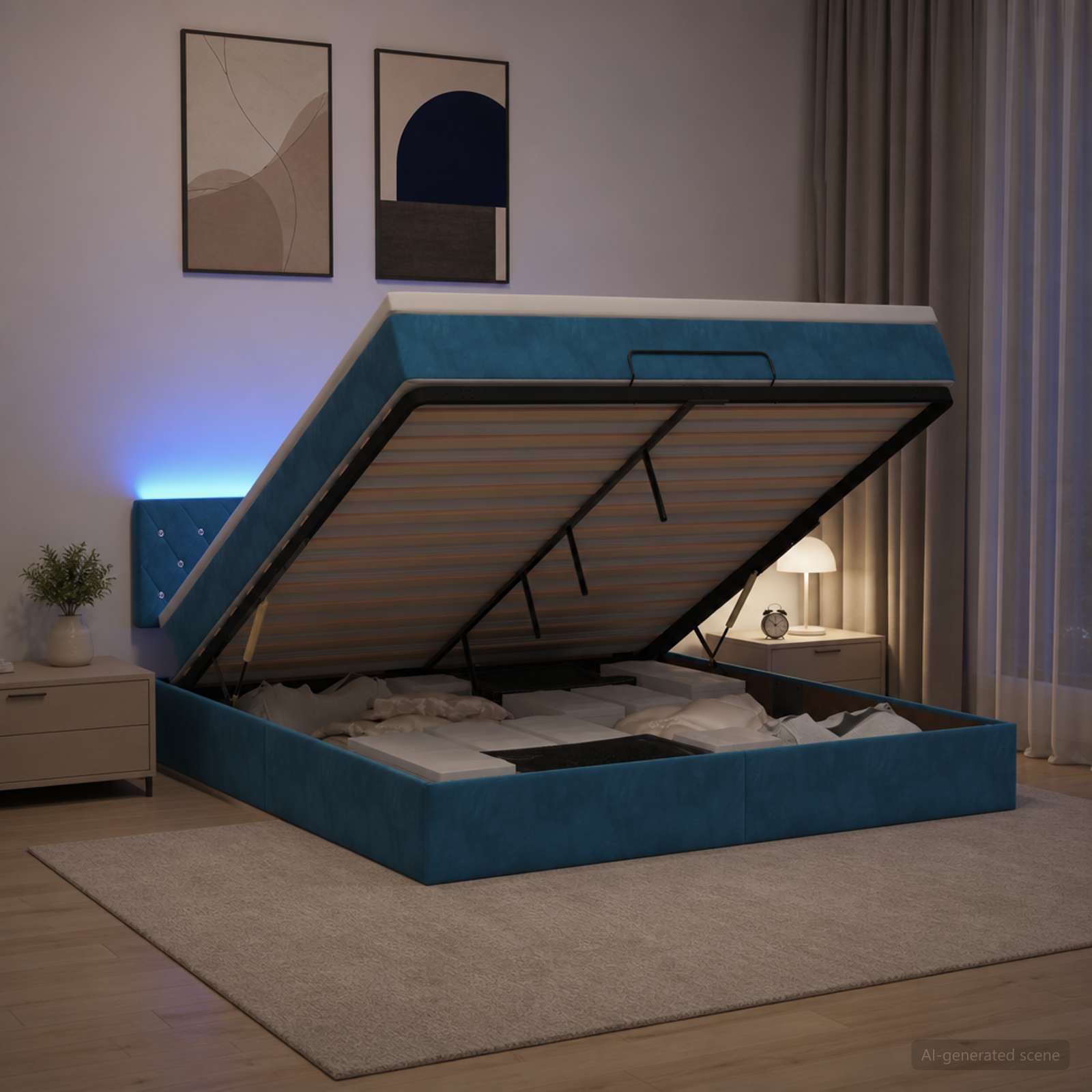 Κρεβάτι Ottoman με Στρώμα και LED Σκούρο Μπλε 180 x 200 cm - Pakobazaar