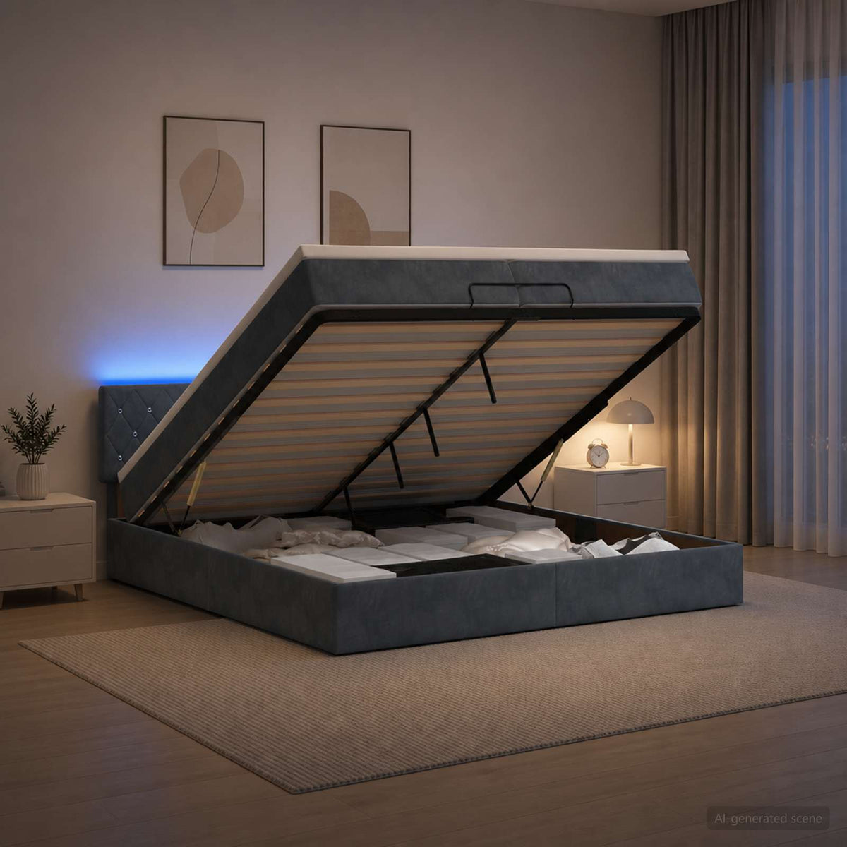 Κρεβάτι Ottoman με Στρώμα και LED Σκούρο Γκρι 200 x 200 cm - Pakobazaar