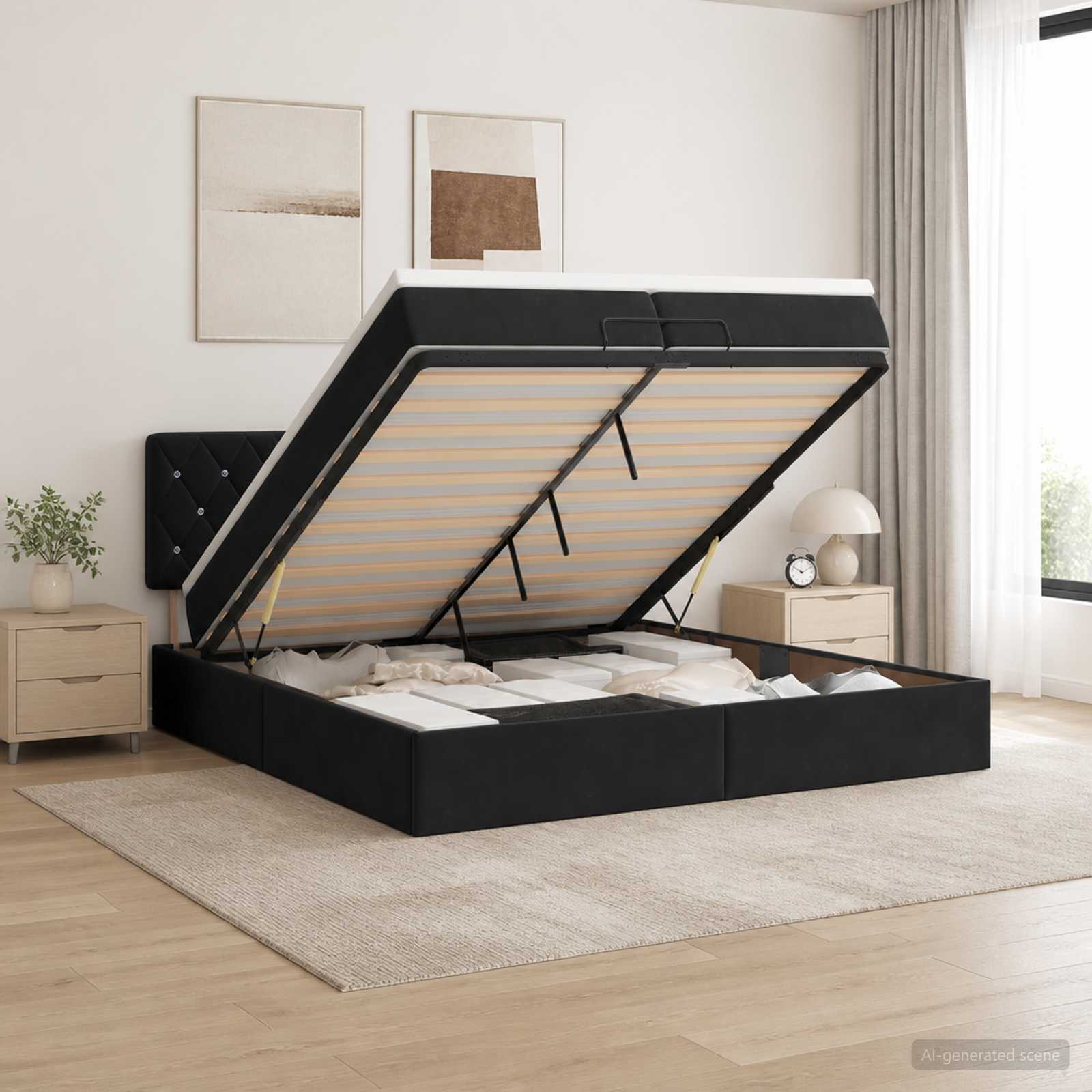 Κρεβάτι Ottoman με στρώμα Μαύρο 200 x 200 cm Βελούδο - Pakobazaar