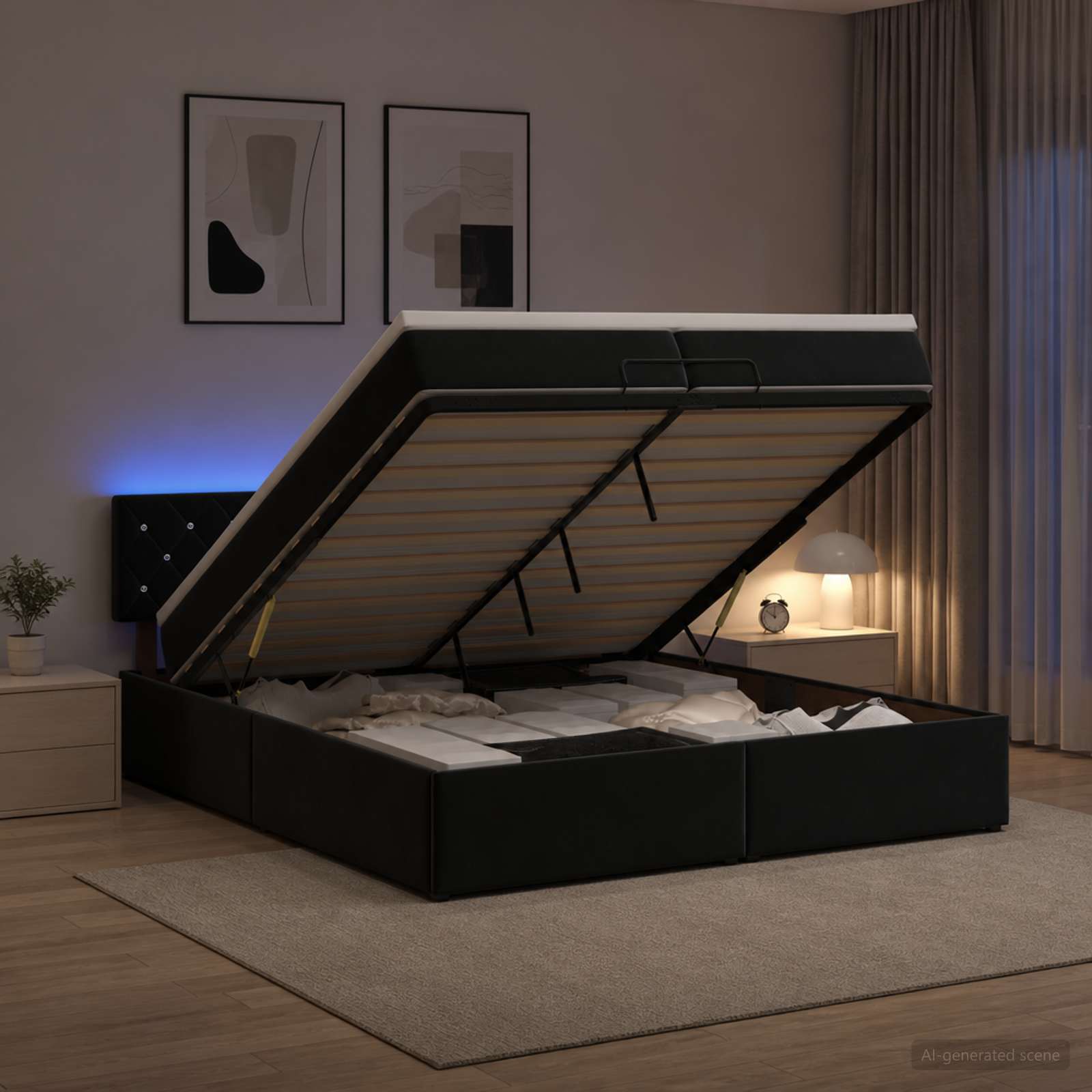 Κρεβάτι Ottoman με Στρώμα και LED Μαύρο 200 x 200 cm Βελούδο