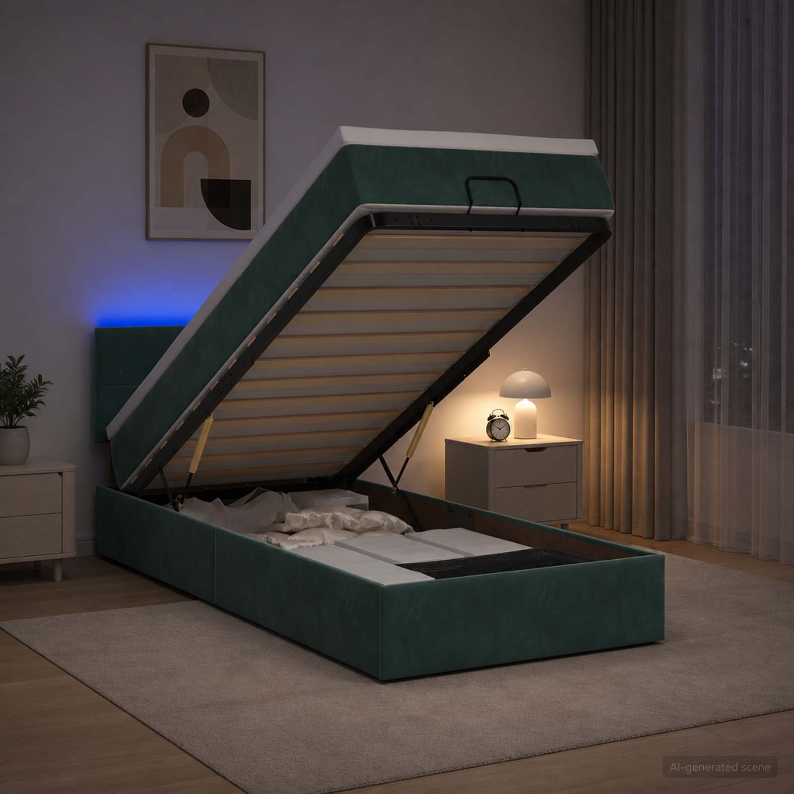 Κρεβάτι Ottoman με Στρώμα και LED Σκούρο Πράσινο 100 x 200 cm