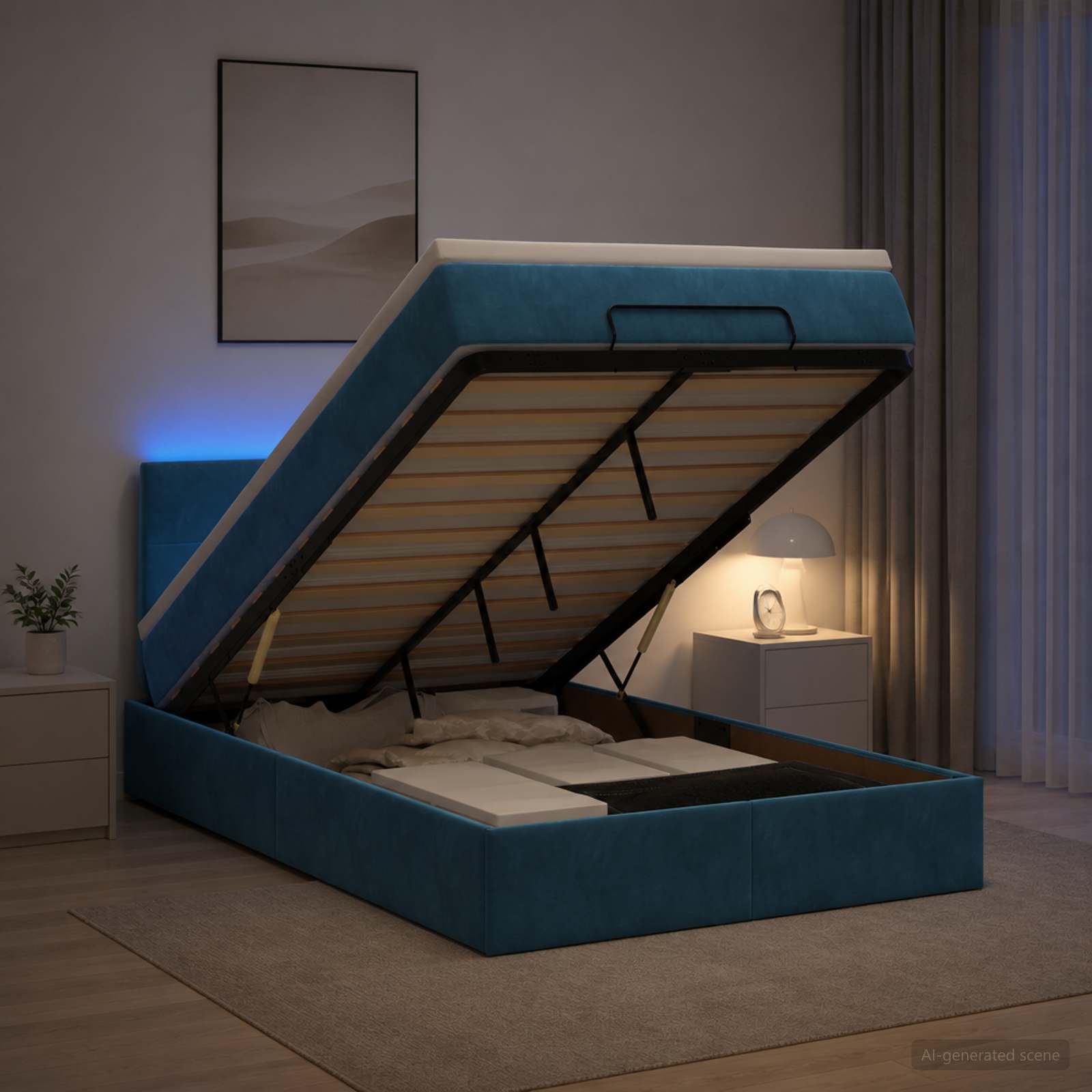 Κρεβάτι Ottoman με Στρώμα και LED Σκούρο Μπλε 120 x 200 cm - Pakobazaar