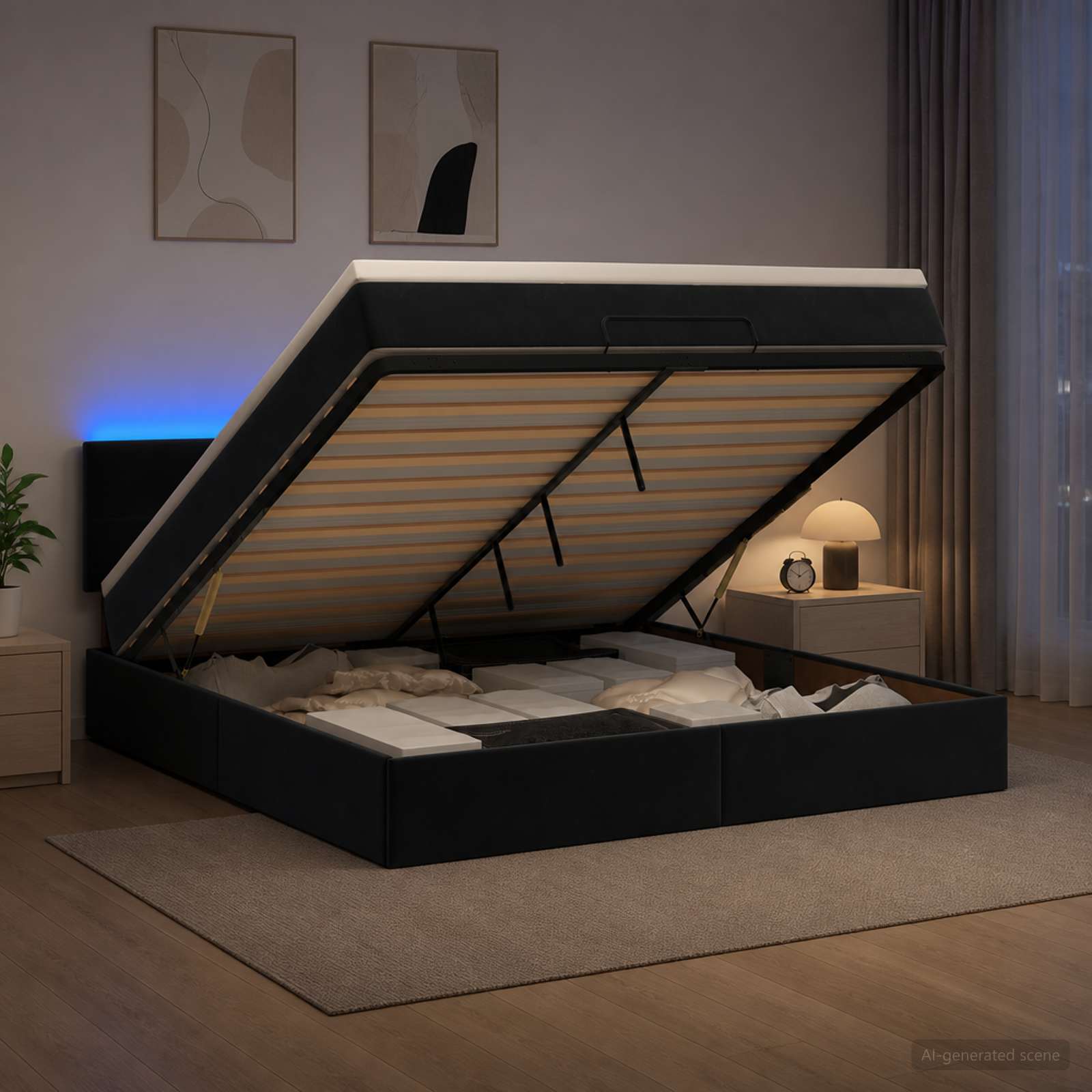 Κρεβάτι Ottoman με Στρώμα και LED Μαύρο 160 x 200 cm Βελούδο - Pakobazaar