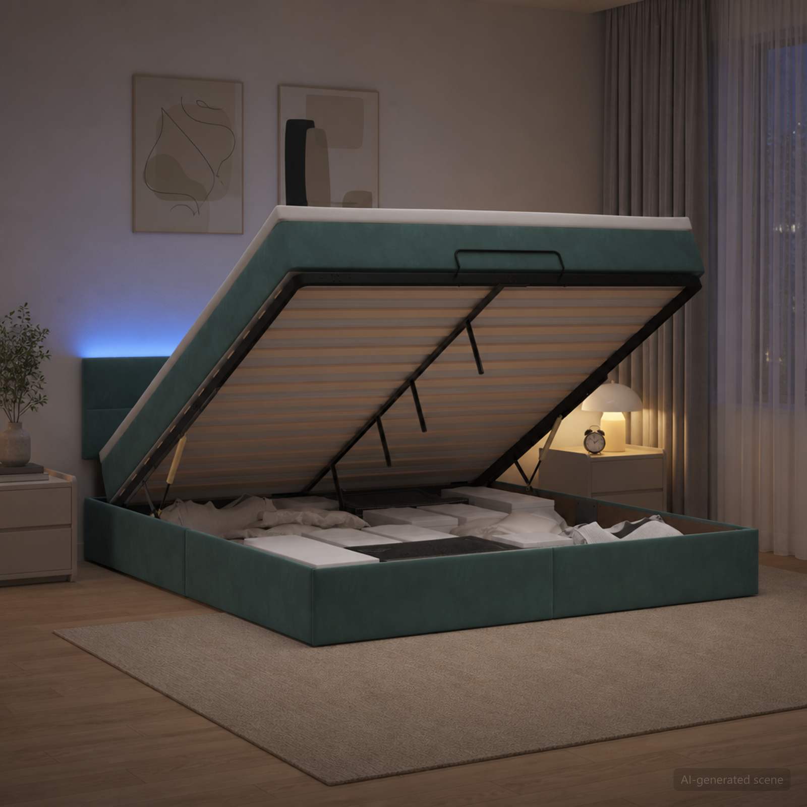 Κρεβάτι Ottoman με Στρώμα και LED Σκούρο Πράσινο 160 x 200 cm