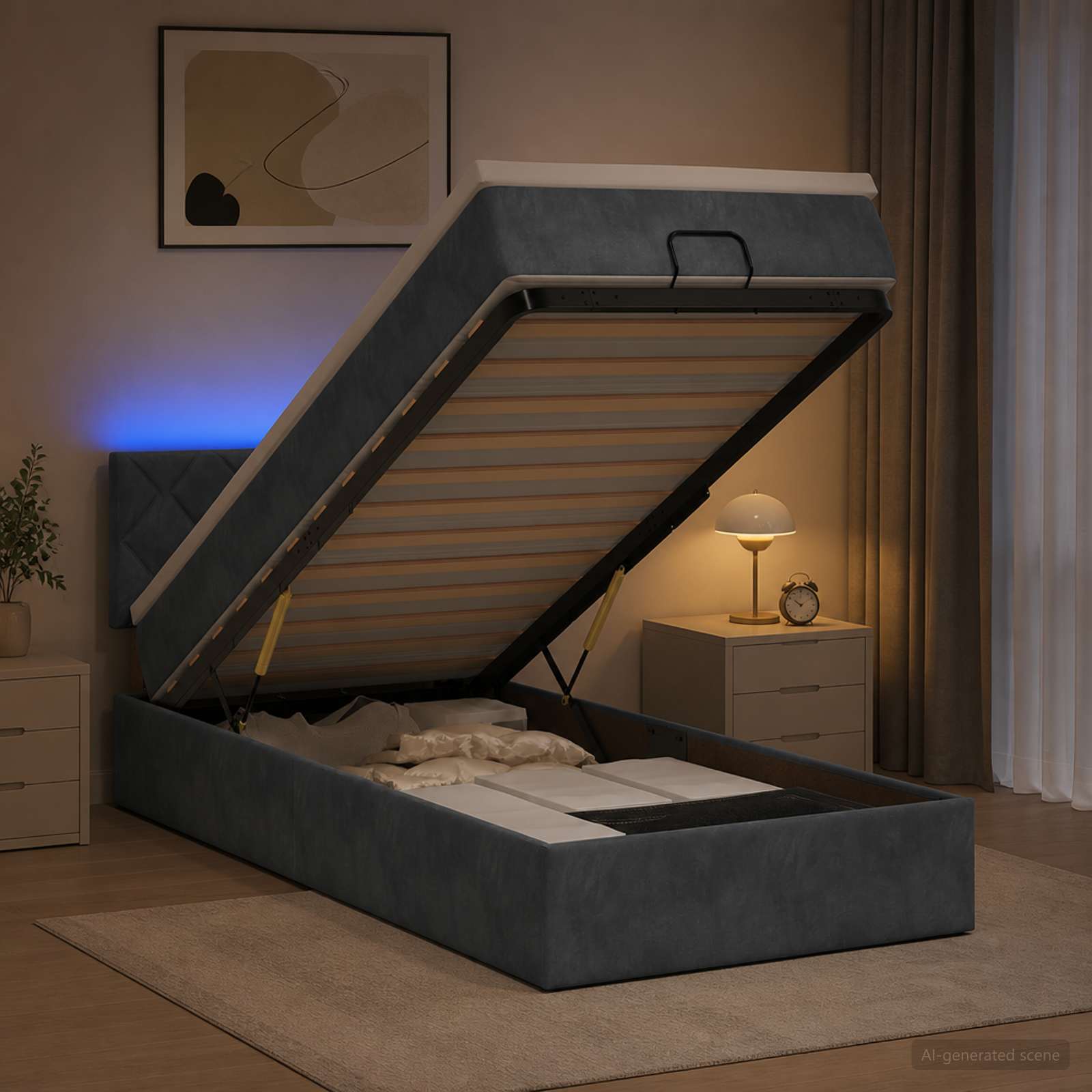 Κρεβάτι Ottoman με Στρώμα και LED Σκούρο Γκρι 100 x 200 cm - Pakobazaar