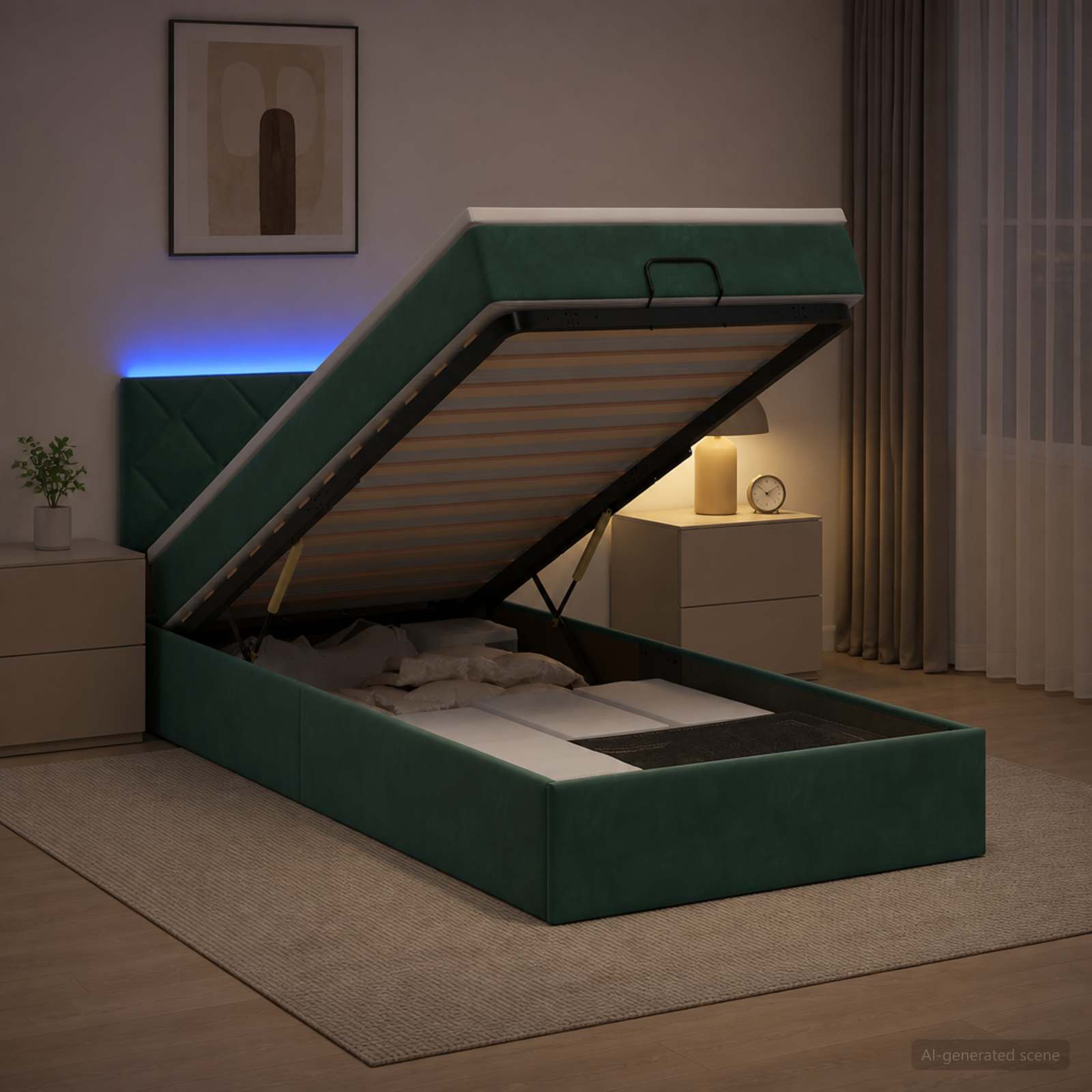 Κρεβάτι Ottoman με Στρώμα και LED Σκούρο Πράσινο 80 x 200 cm