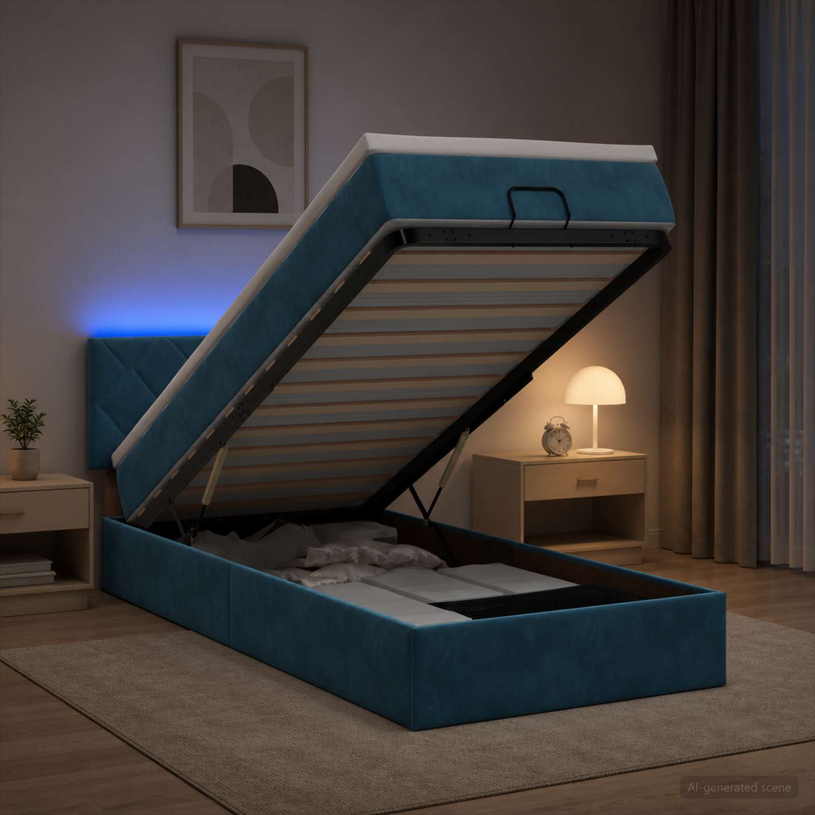 Κρεβάτι Ottoman με Στρώμα και LED Σκούρο Μπλε 100 x 200 cm