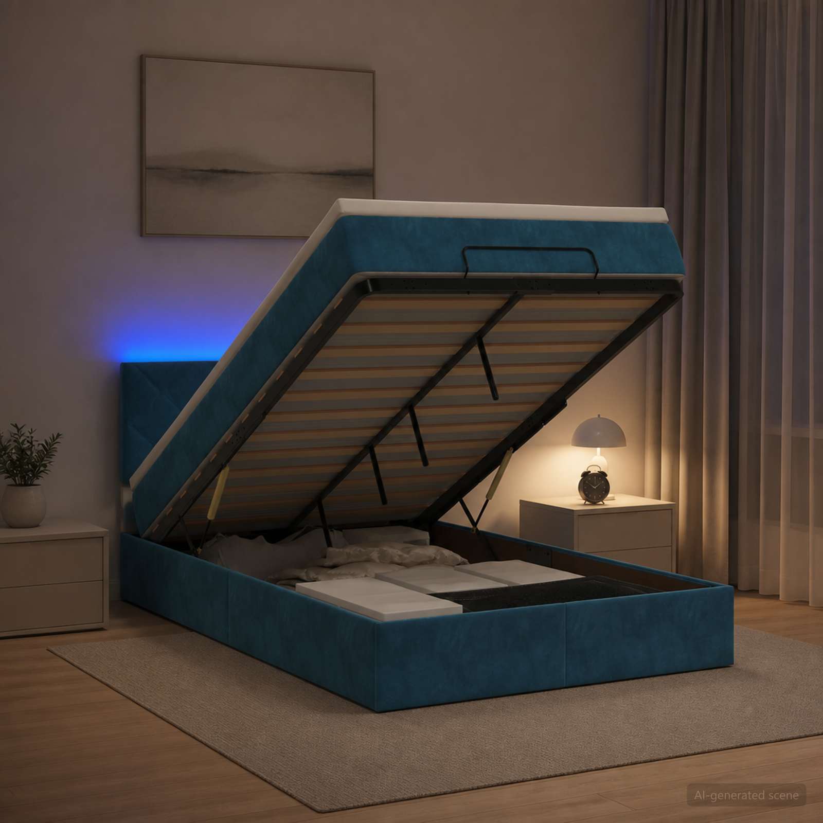 Κρεβάτι Ottoman με Στρώμα και LED Σκούρο Μπλε 120 x 190 cm