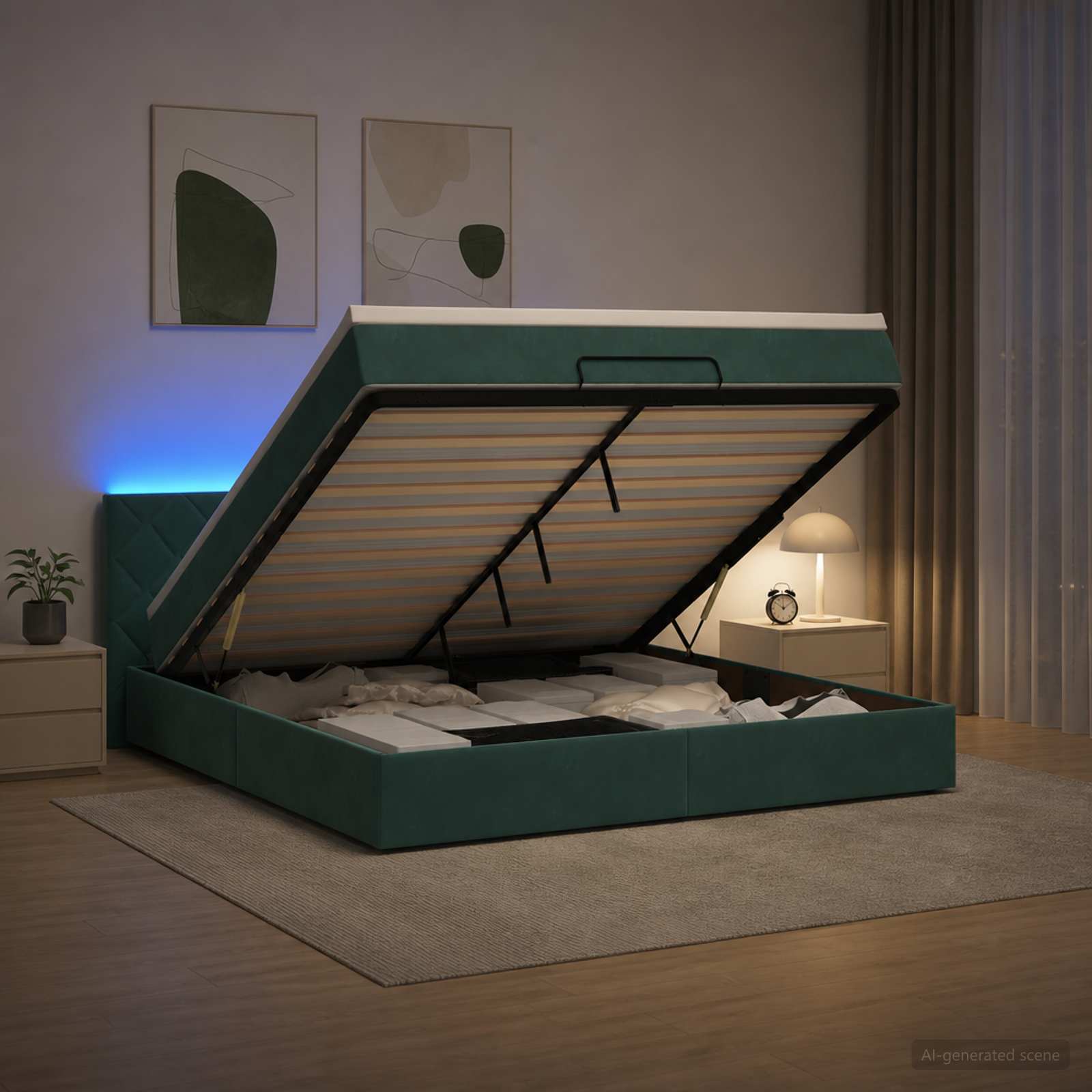 Κρεβάτι Ottoman με Στρώμα και LED Σκούρο Πράσινο 180 x 200 cm