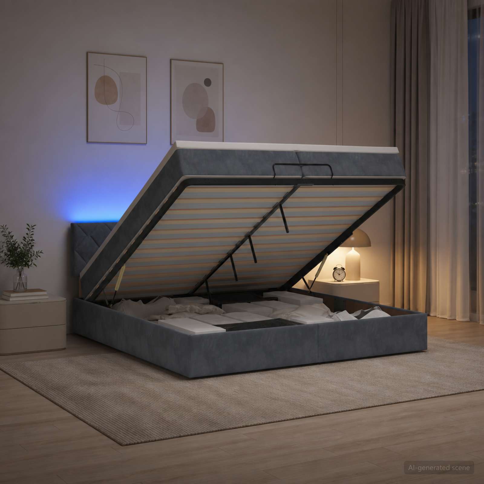 Κρεβάτι Ottoman με Στρώμα και LED Σκούρο Γκρι 200 x 200 cm