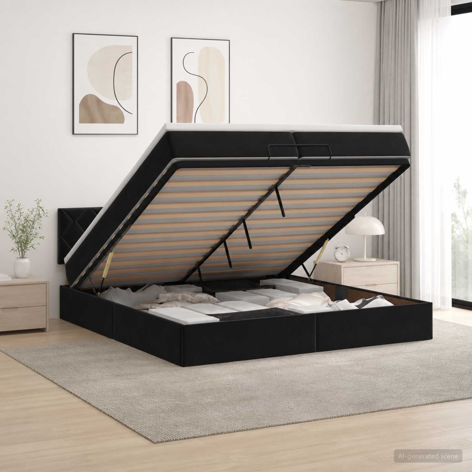 Κρεβάτι Ottoman με Στρώμα και LED Μαύρο 200 x 200 cm Βελούδο - Pakobazaar