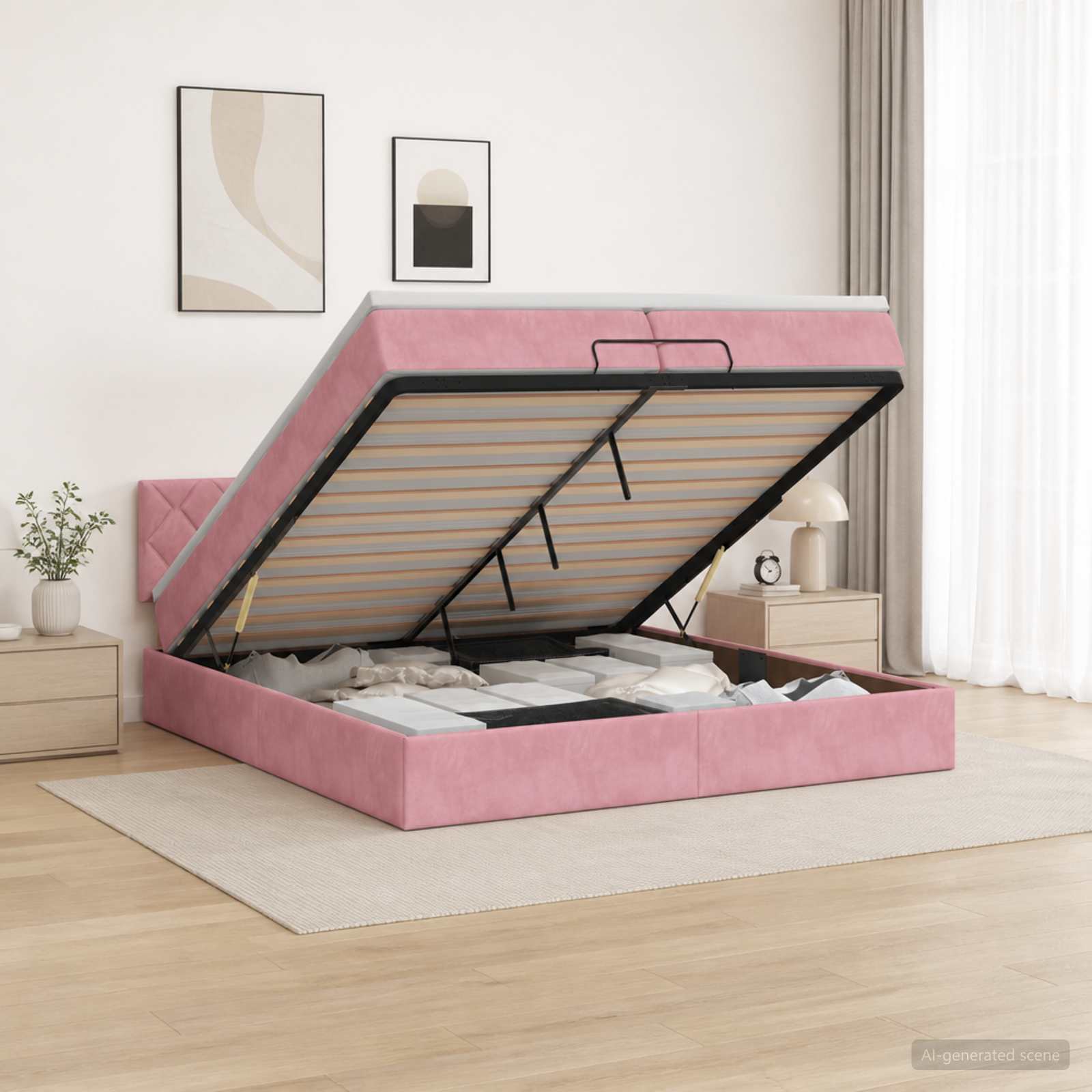 Κρεβάτι Ottoman με Στρώμα και LED Ροζ 200 x 200 cm Βελούδο - Pakobazaar