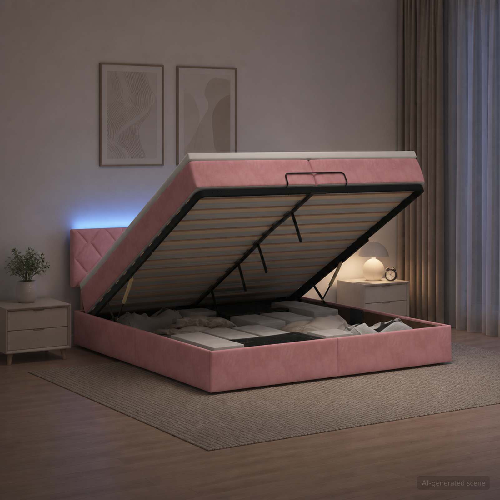 Κρεβάτι Ottoman με Στρώμα και LED Ροζ 200 x 200 cm Βελούδο - Pakobazaar