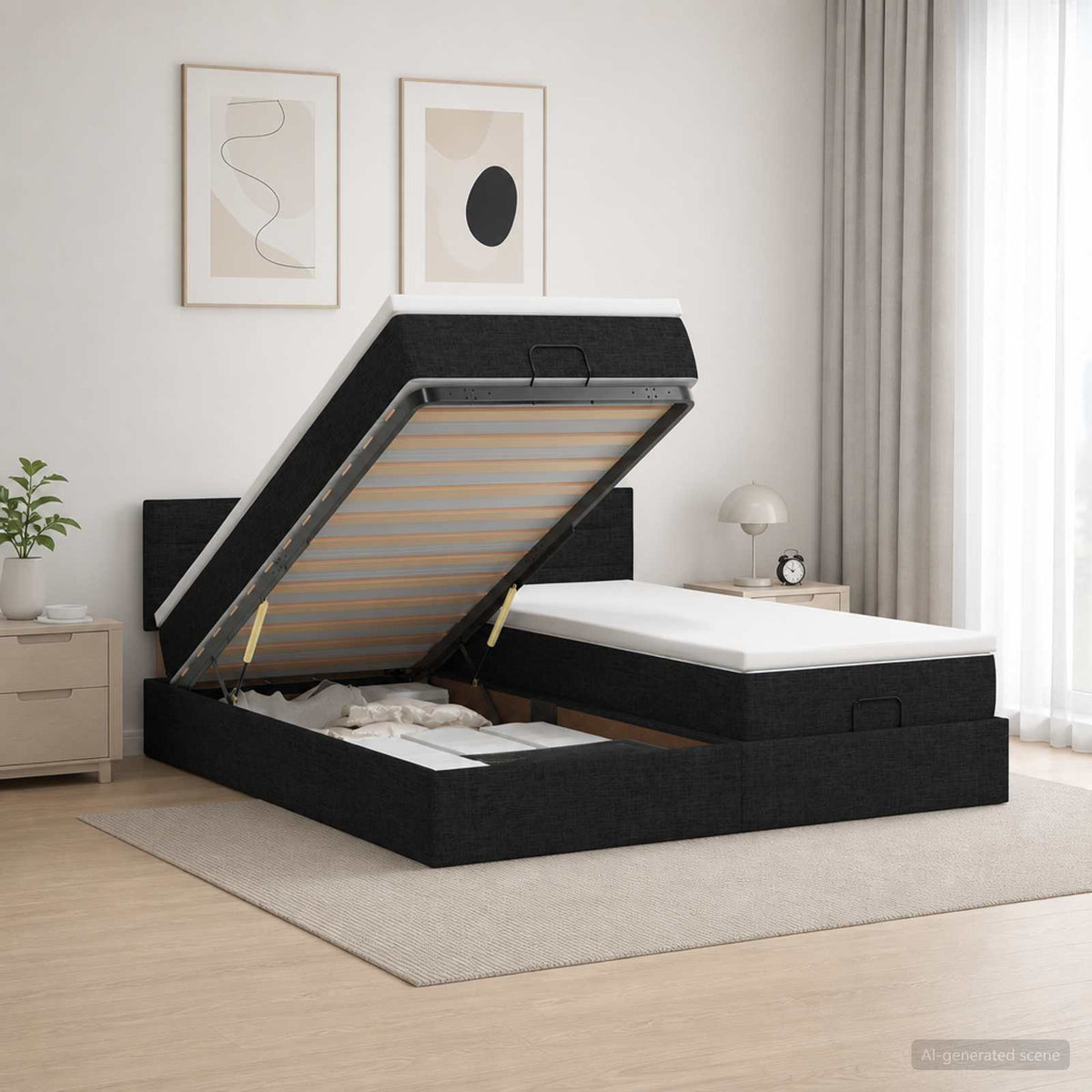 Κρεβάτι Ottoman με Στρώμα και LED Μαύρο 200 x 200 cm Ύφασμα - Pakobazaar