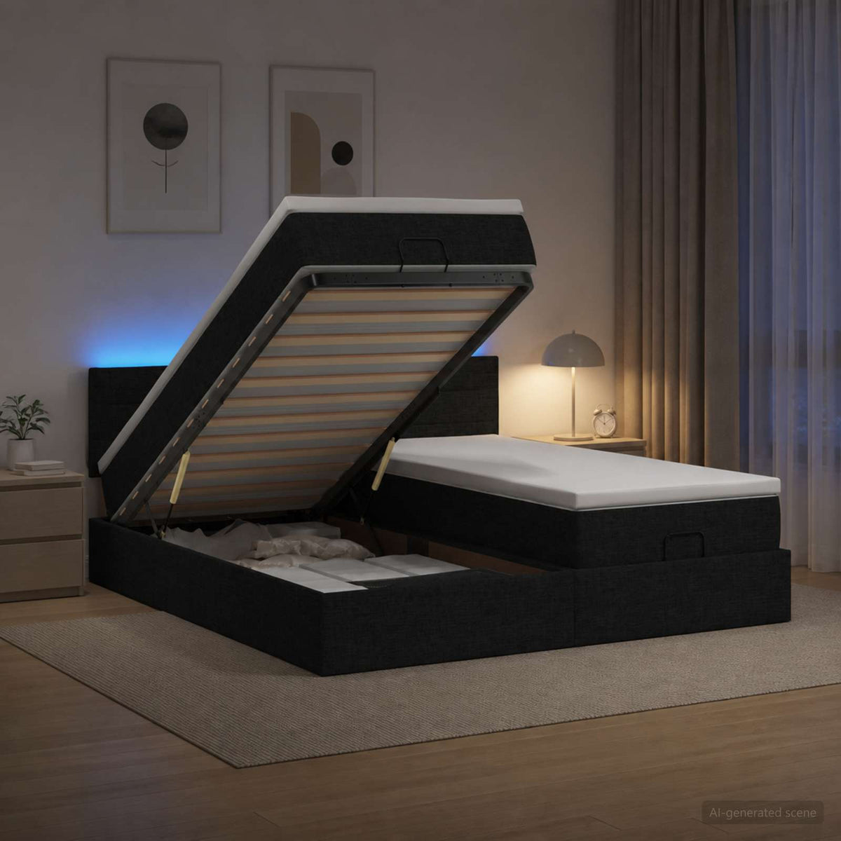 Κρεβάτι Ottoman με Στρώμα και LED Μαύρο 200 x 200 cm Ύφασμα - Pakobazaar
