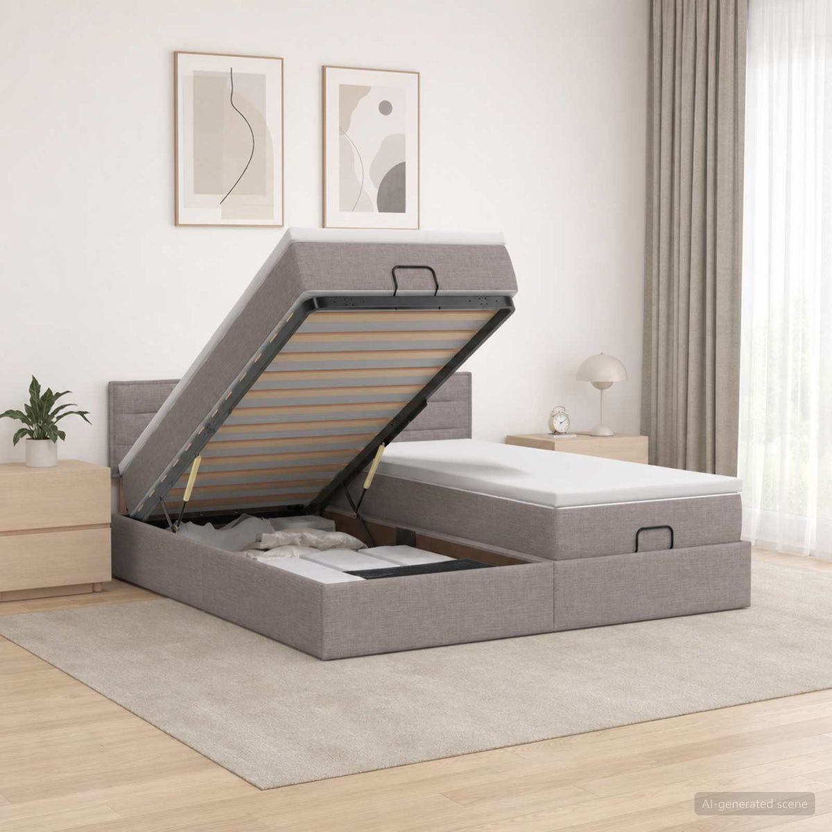 Κρεβάτι Ottoman με Στρώμα και LED Taupe 200 x 200 cm Ύφασμα - Pakobazaar