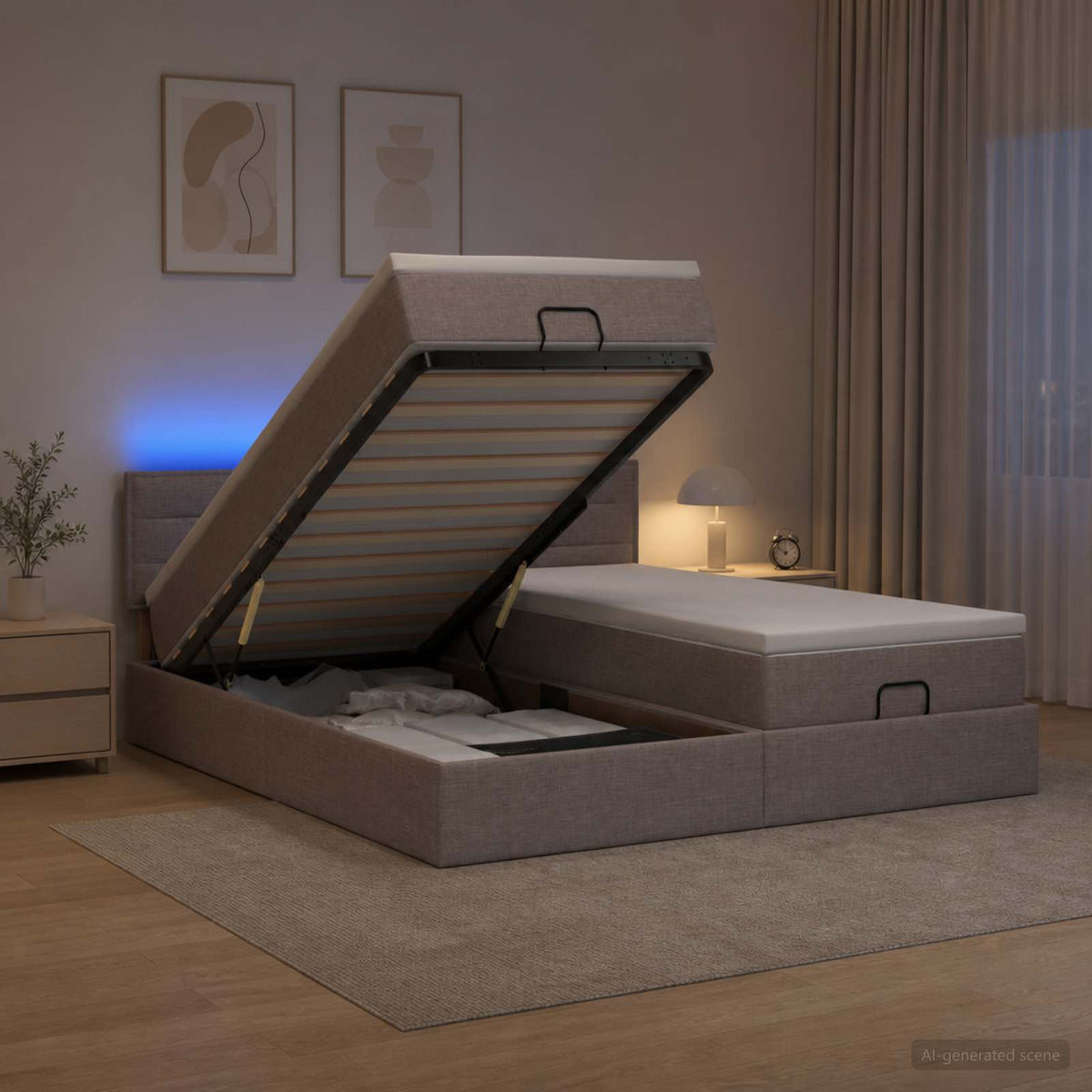 Κρεβάτι Ottoman με Στρώμα και LED Taupe 200 x 200 cm Ύφασμα - Pakobazaar