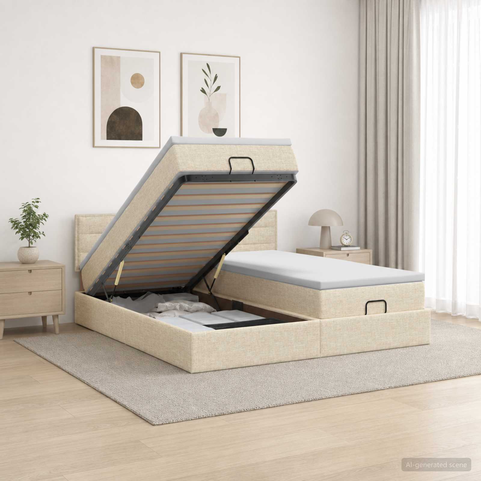 Κρεβάτι Ottoman με Στρώμα και LED Κρεμ 180 x 200 cm Ύφασμα - Pakobazaar