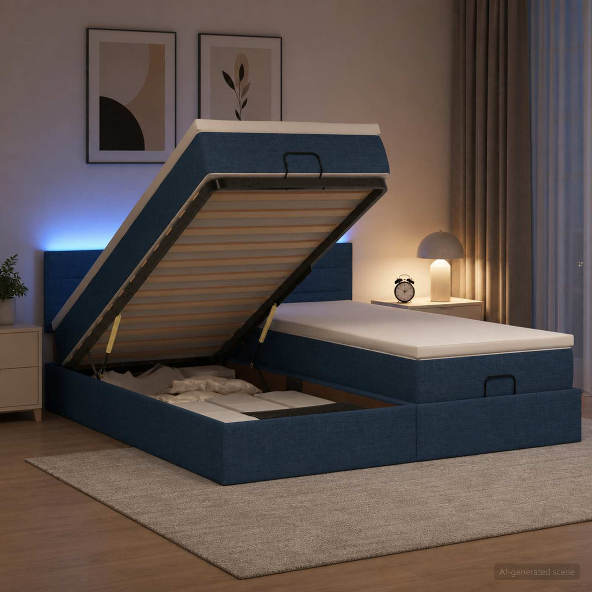Κρεβάτι Ottoman με Στρώμα και LED Μπλε 200 x 200 cm Ύφασμα - Pakobazaar