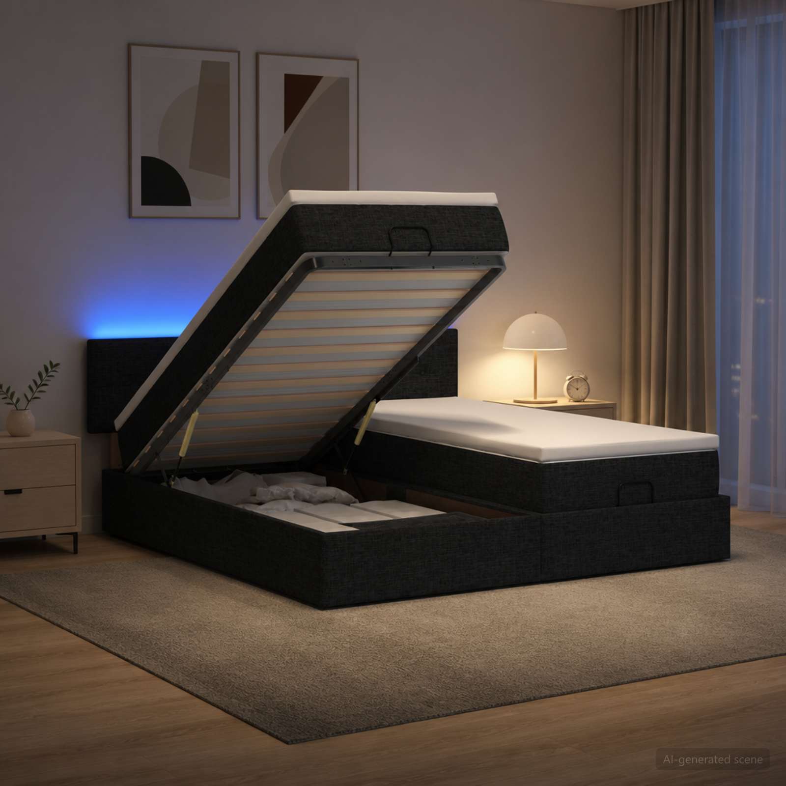 Κρεβάτι Ottoman με Στρώμα και LED Μαύρο 200 x 200 cm Ύφασμα - Pakobazaar