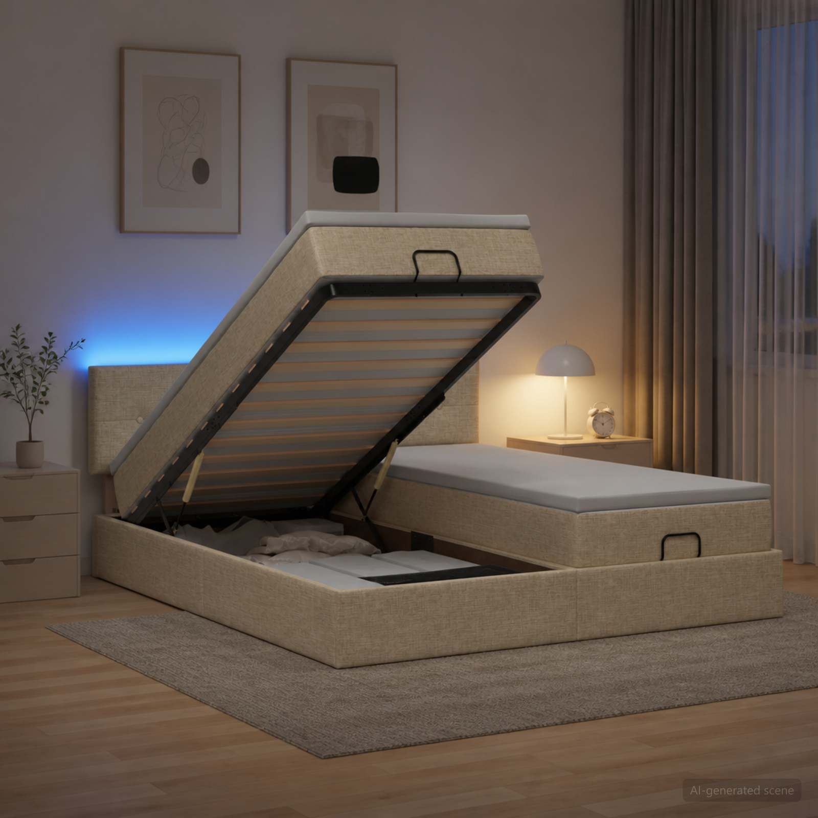 Κρεβάτι Ottoman με Στρώμα και LED Κρεμ 160 x 200 cm Ύφασμα