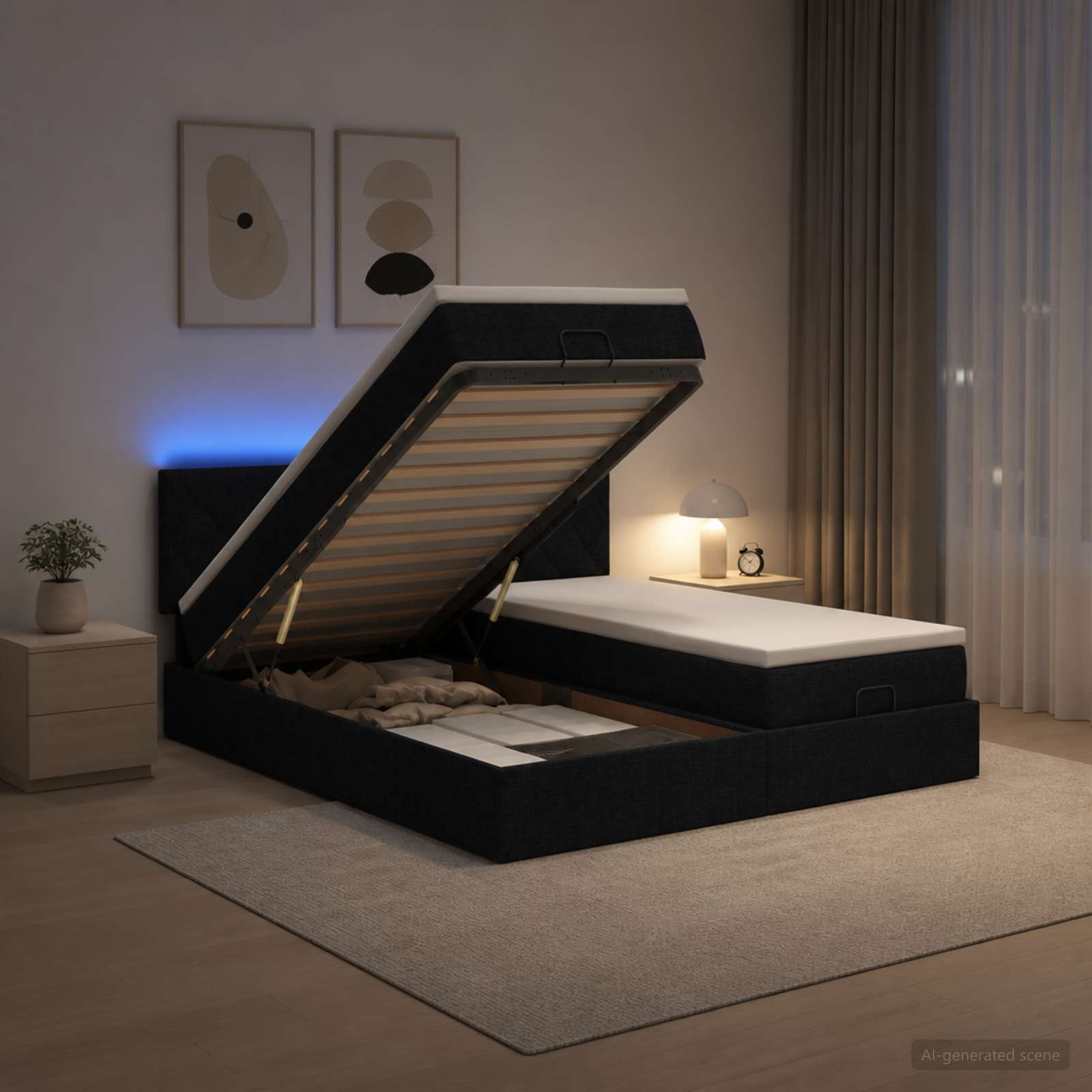 Κρεβάτι Ottoman με Στρώμα και LED Μαύρο 160 x 200 cm Ύφασμα - Pakobazaar