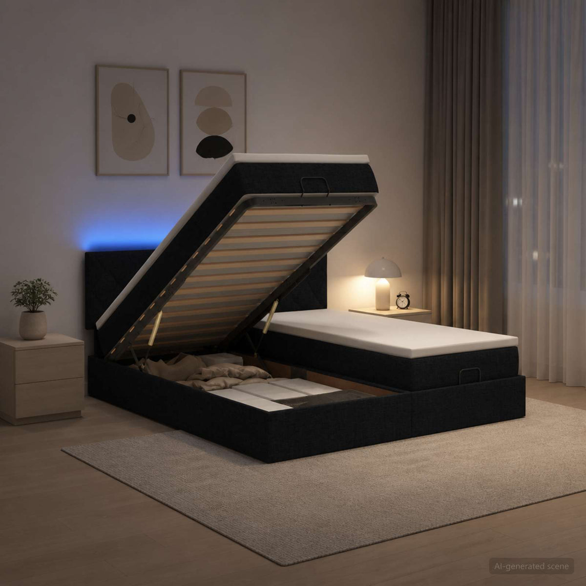 Κρεβάτι Ottoman με Στρώμα και LED Μαύρο 180 x 200 cm Ύφασμα - Pakobazaar
