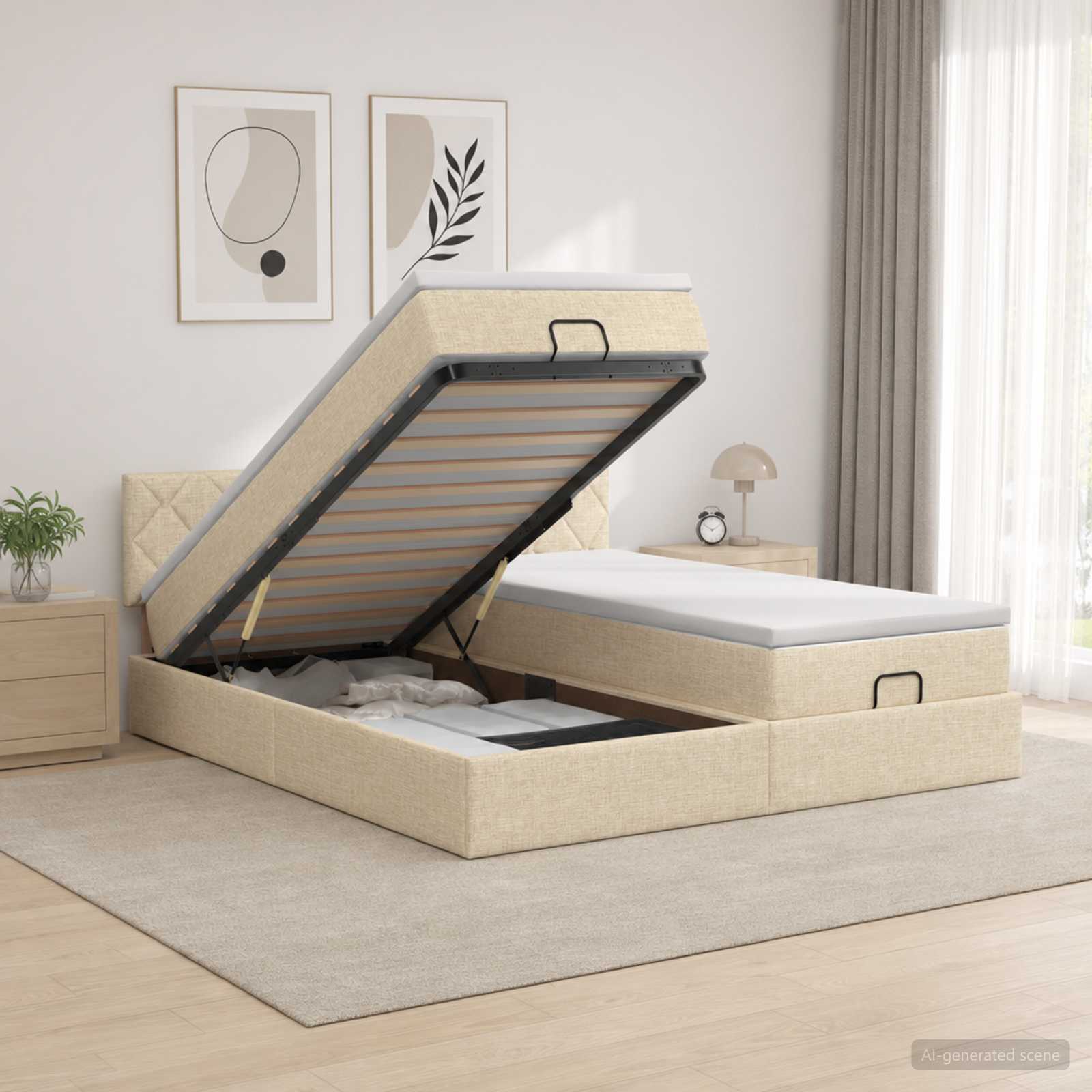 Κρεβάτι Ottoman με Στρώμα και LED Κρεμ 180 x 200 cm Ύφασμα - Pakobazaar