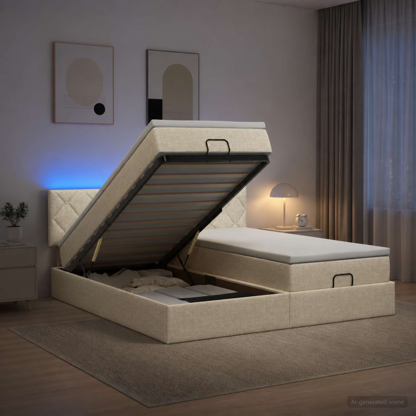 Κρεβάτι Ottoman με Στρώμα και LED Κρεμ 180 x 200 cm Ύφασμα - Pakobazaar