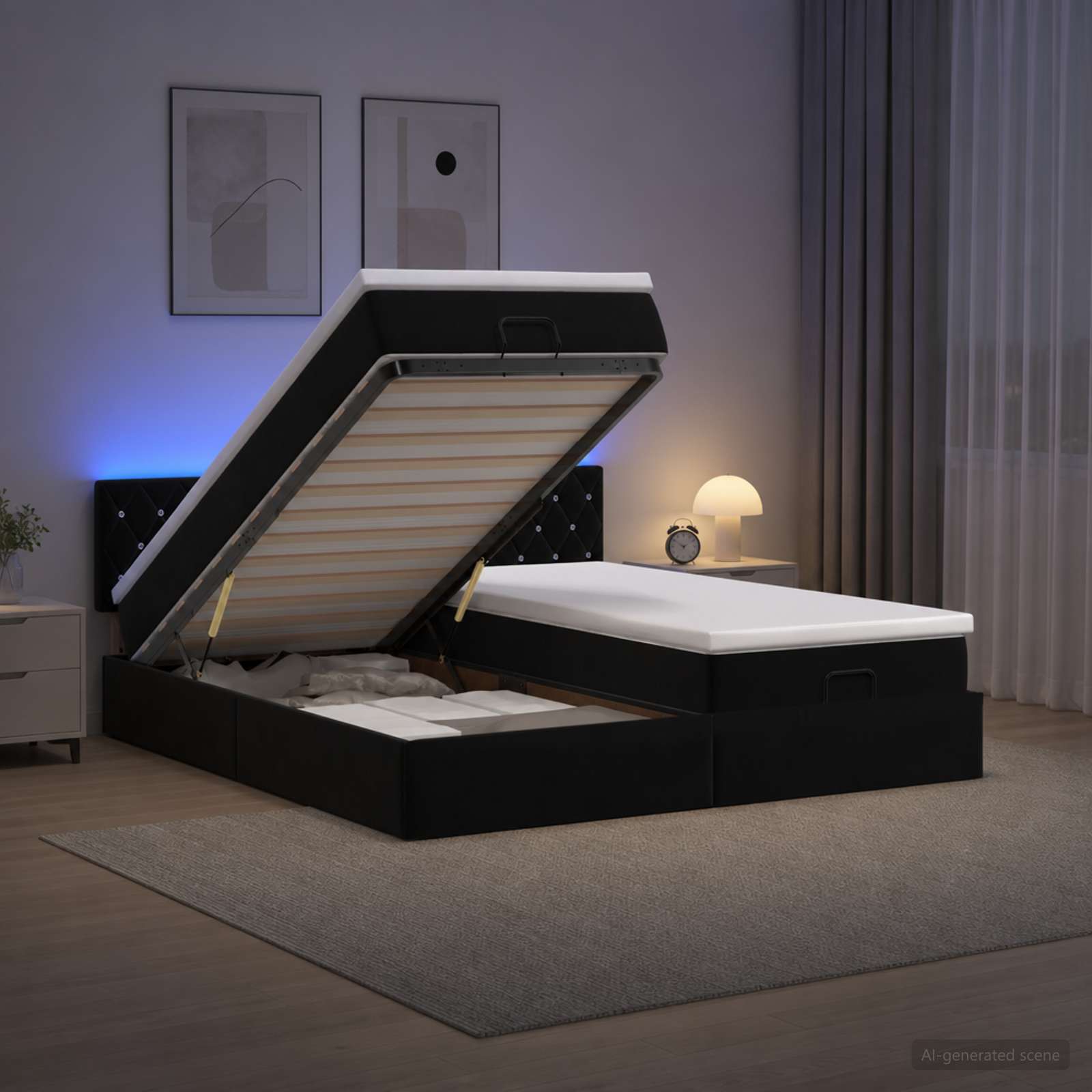 Κρεβάτι Ottoman με Στρώμα και LED Μαύρο 200 x 200 cm Βελούδο