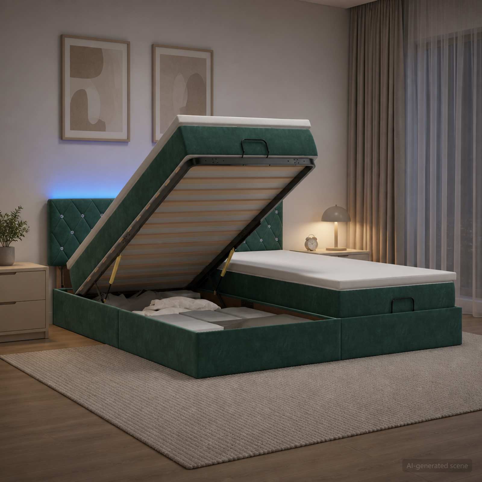 Κρεβάτι Ottoman με Στρώμα και LED Σκούρο Πράσινο 160 x 200 cm - Pakobazaar