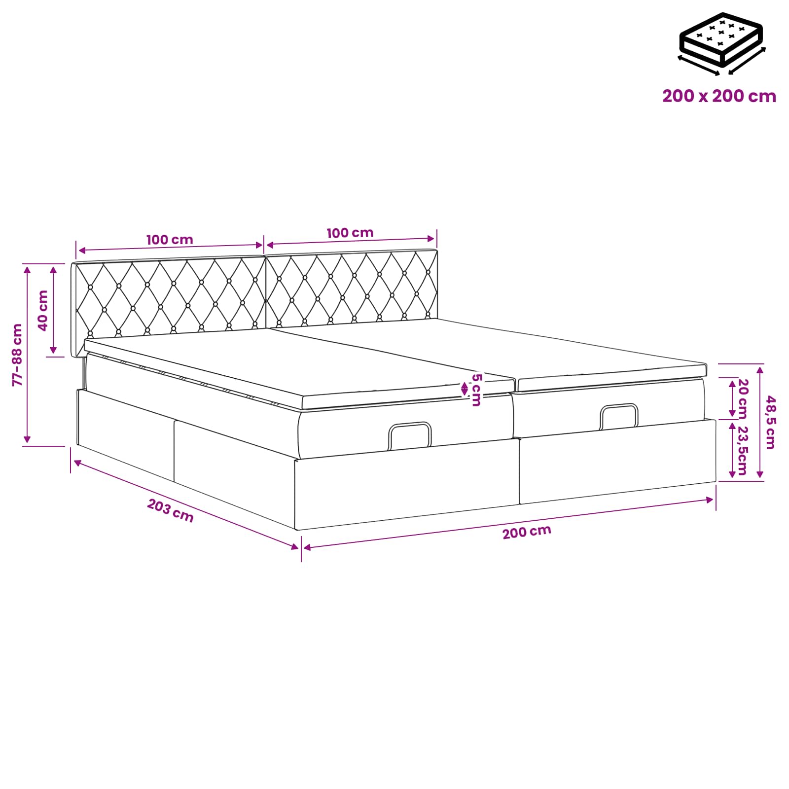 Κρεβάτι Ottoman με Στρώμα και LED Ανοιχτό γκρι 200 x 200 cm - Pakobazaar