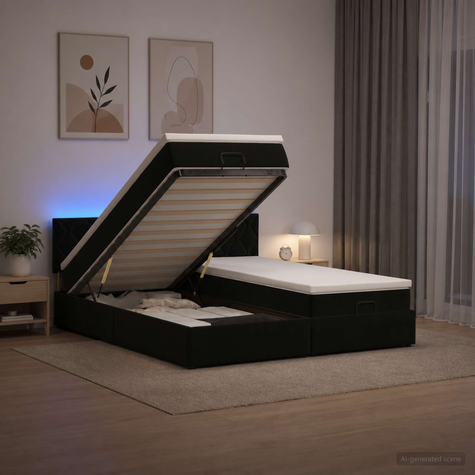 Κρεβάτι Ottoman με Στρώμα και LED Μαύρο 200 x 200 cm Βελούδο